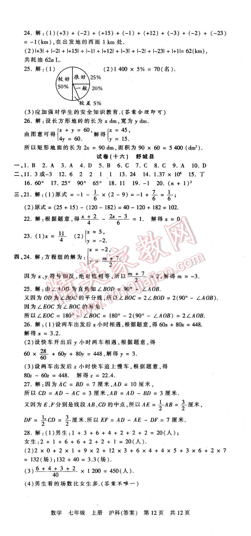 2015年王朝霞各地期末试卷精选七年级数学上册沪科版 第12页