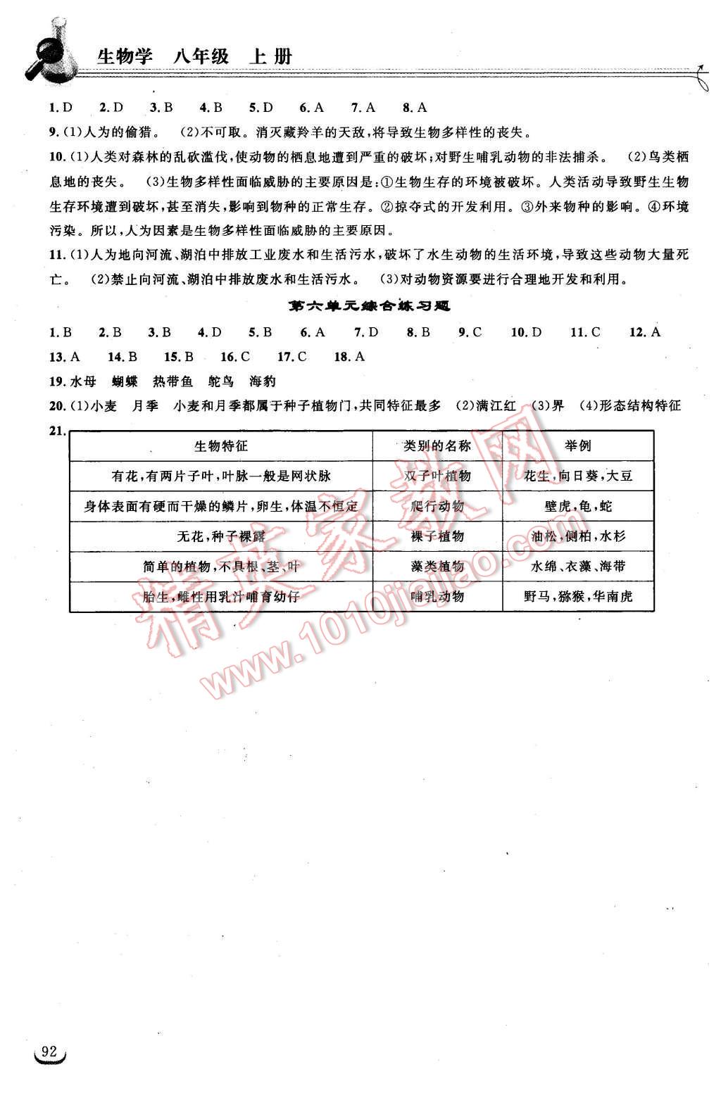 2015年长江作业本同步练习册八年级生物学上册人教版 第9页