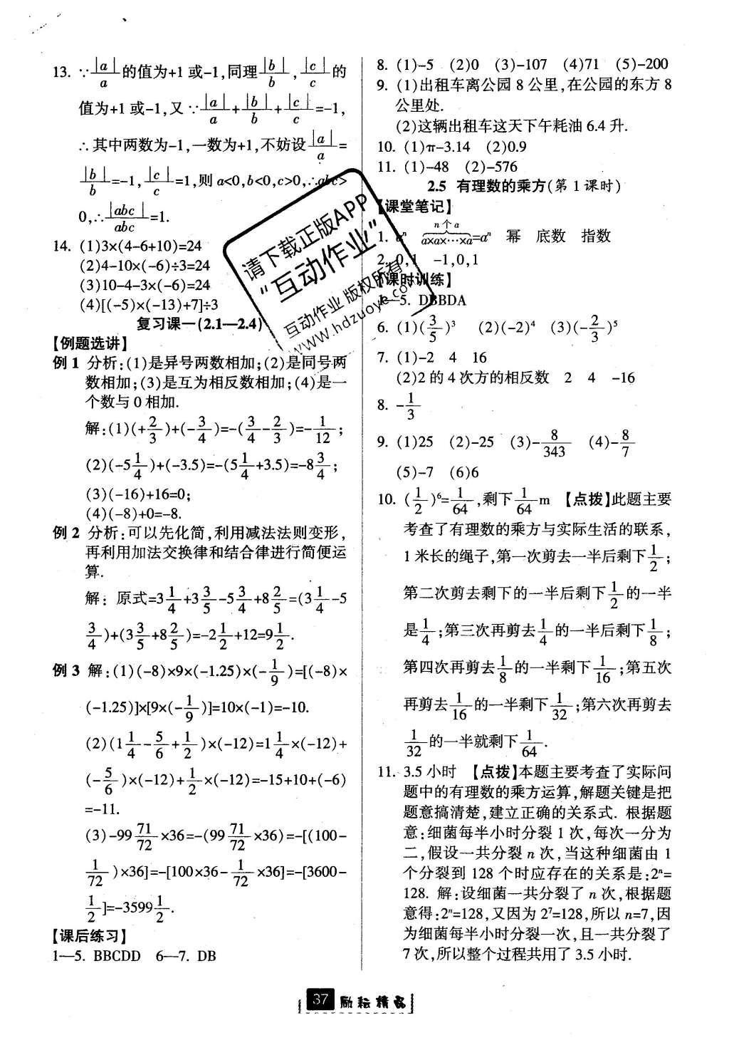 2016年励耘书业励耘新同步七年级数学上册 参考答案第5页