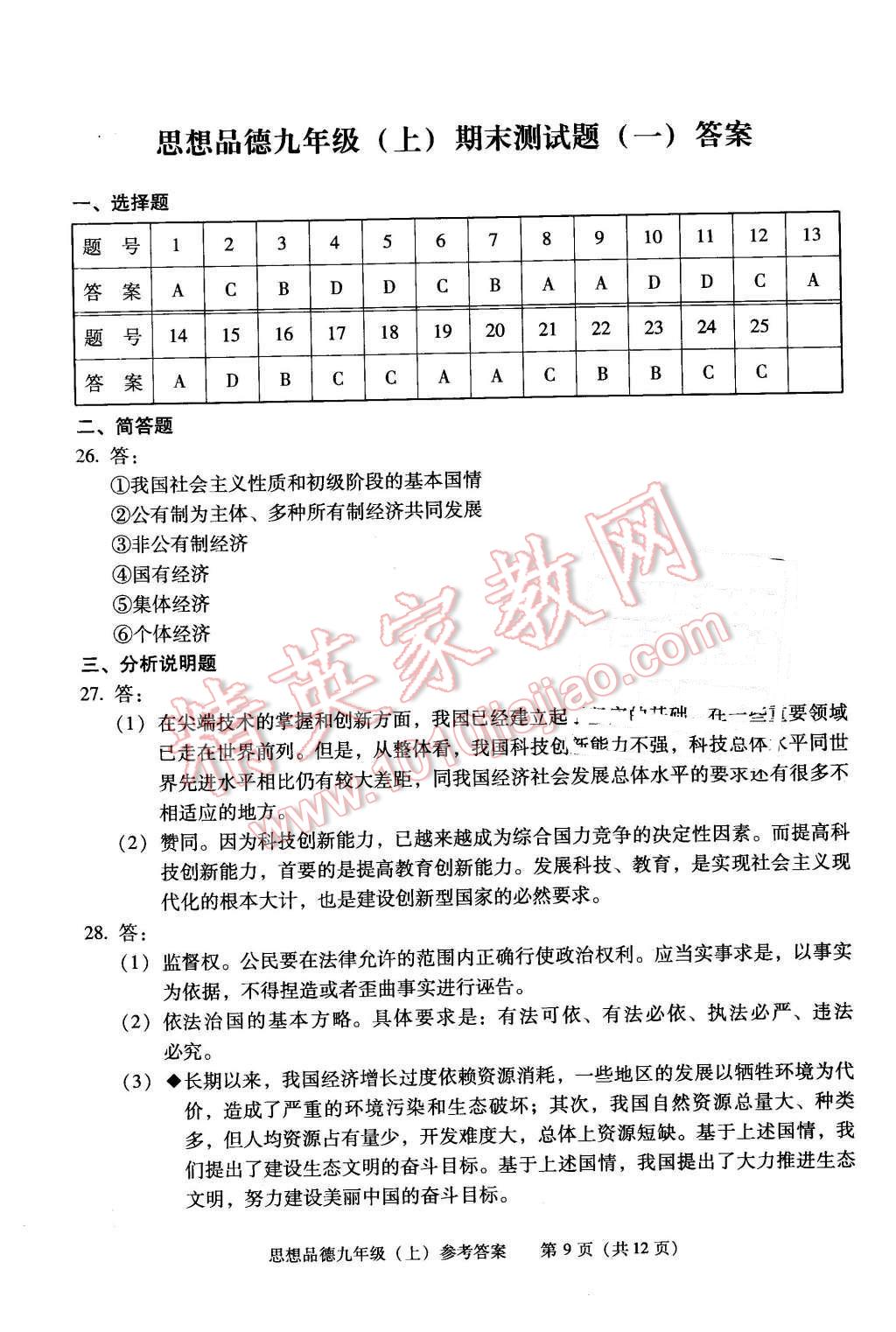 2015年學(xué)習(xí)探究診斷九年級(jí)思想品德上冊(cè) 第9頁(yè)