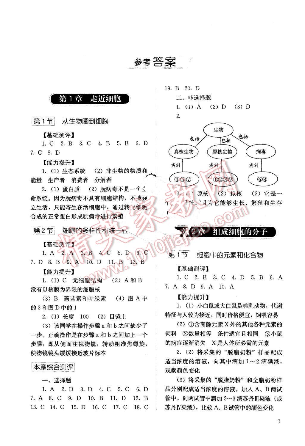 2015年人教金學(xué)典同步解析與測(cè)評(píng)生物必修1人教版 參考答案第17頁