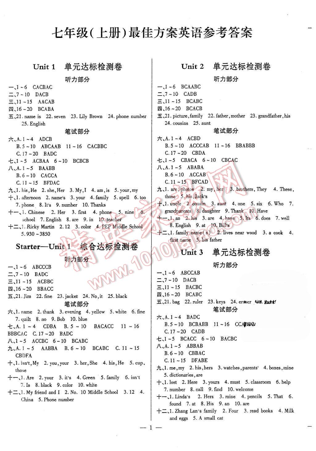 2015年初中英语最佳方案冲刺AB卷七年级上册 第1页