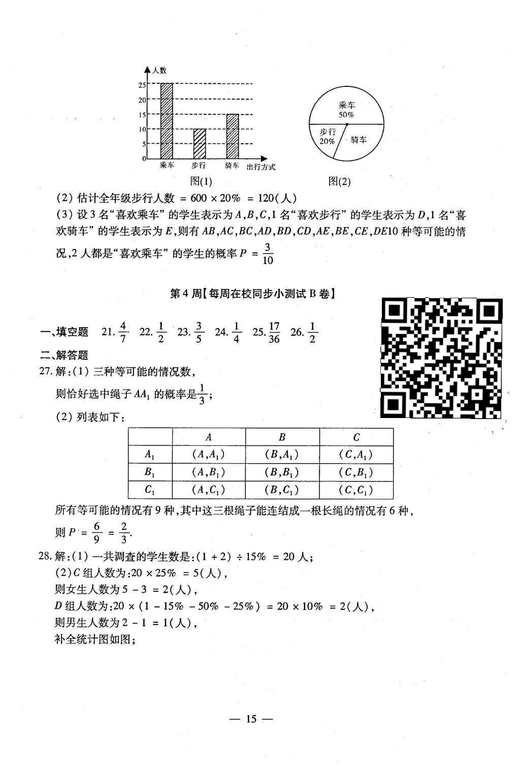 2015年初中數(shù)學每周過手最佳方案九年級全一冊 AB卷參考答案第92頁