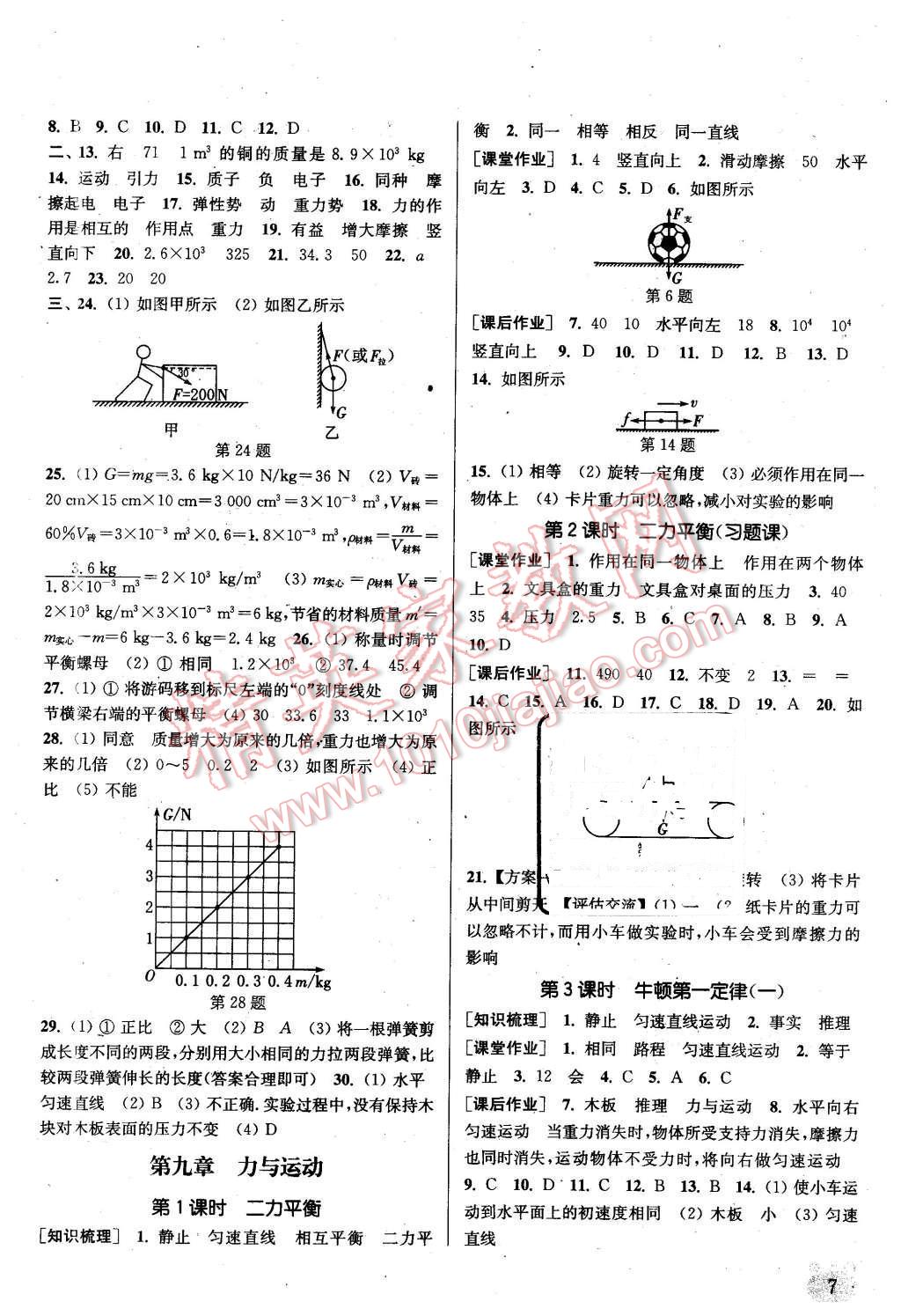 2016年通城學(xué)典課時(shí)作業(yè)本八年級(jí)物理下冊(cè)蘇科版 參考答案第7頁