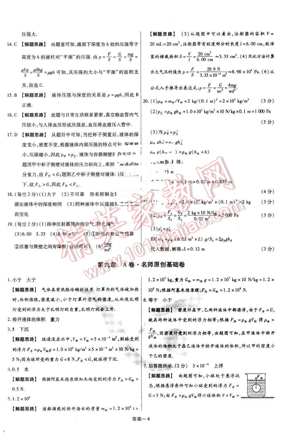 2016年金考卷活页题选八年级物理下册沪科版 第6页