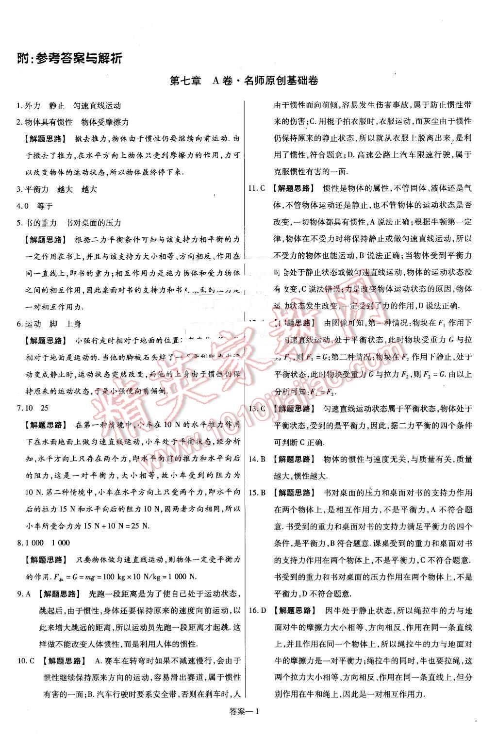 2016年金考卷活页题选八年级物理下册沪科版 第1页