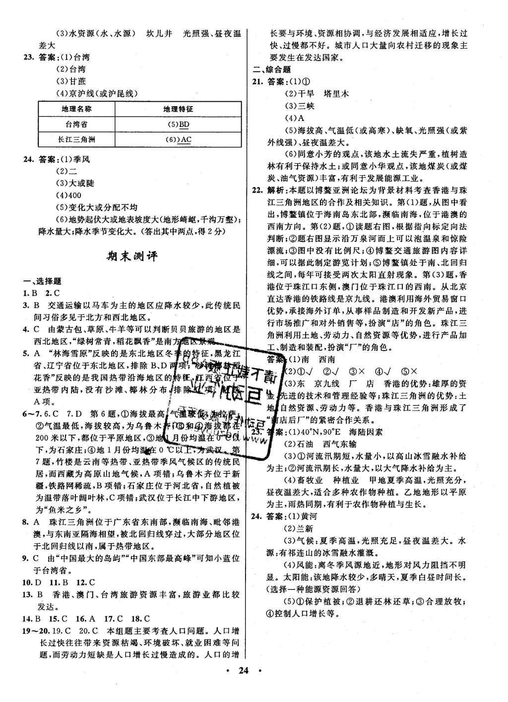 2016年初中同步測(cè)控全優(yōu)設(shè)計(jì)八年級(jí)地理下冊(cè)湘教版 單元測(cè)評(píng)卷參考答案第18頁(yè)