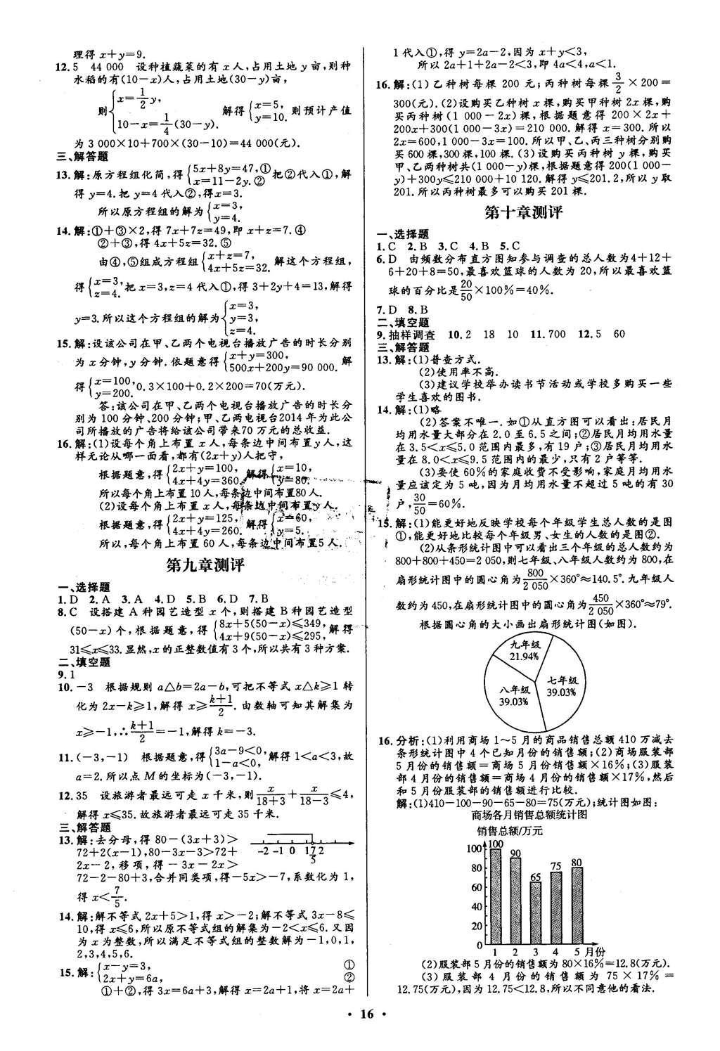 2016年初中同步測控全優(yōu)設(shè)計七年級數(shù)學(xué)下冊人教版 單元測評卷參考答案第16頁