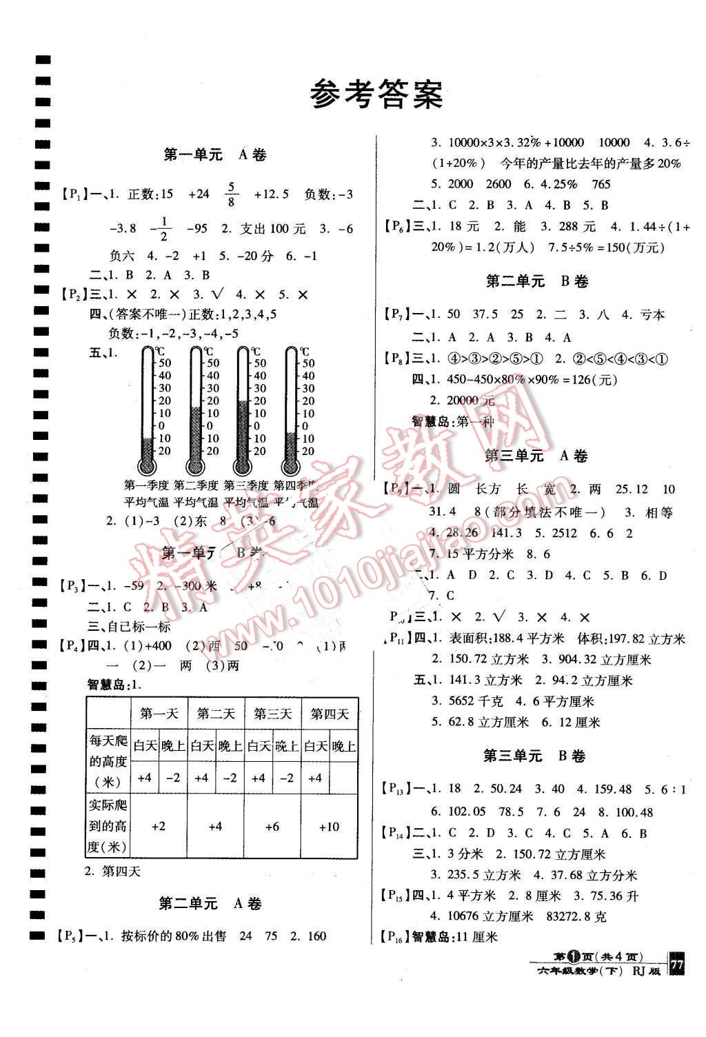 2016年最新AB卷六年級數(shù)學(xué)下冊人教版 第1頁