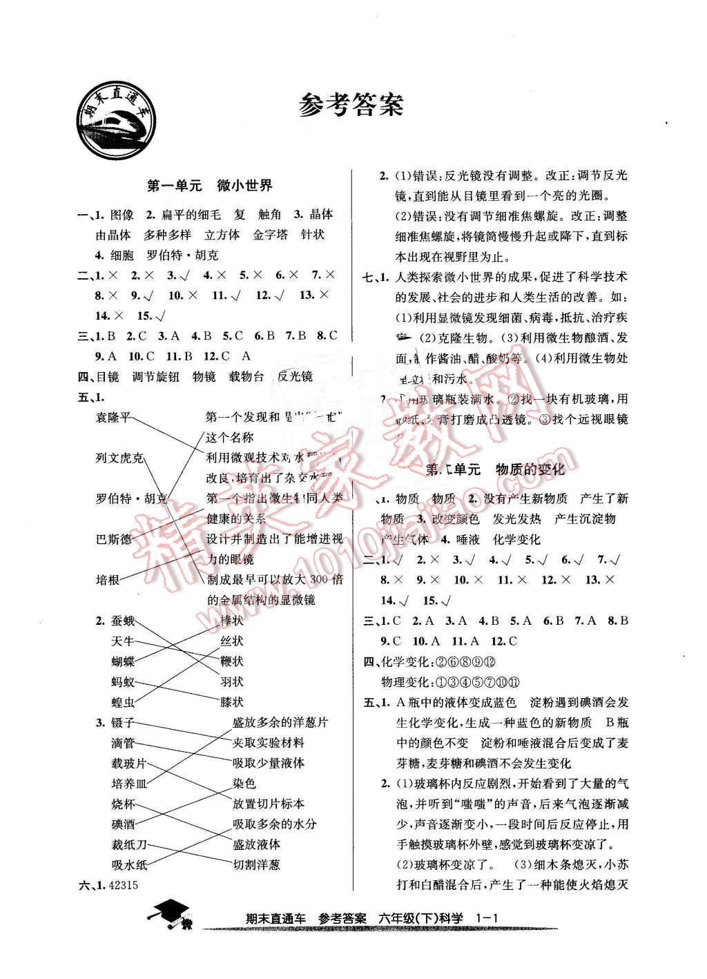 2016年期末直通车六年级科学下册教科版 第1页