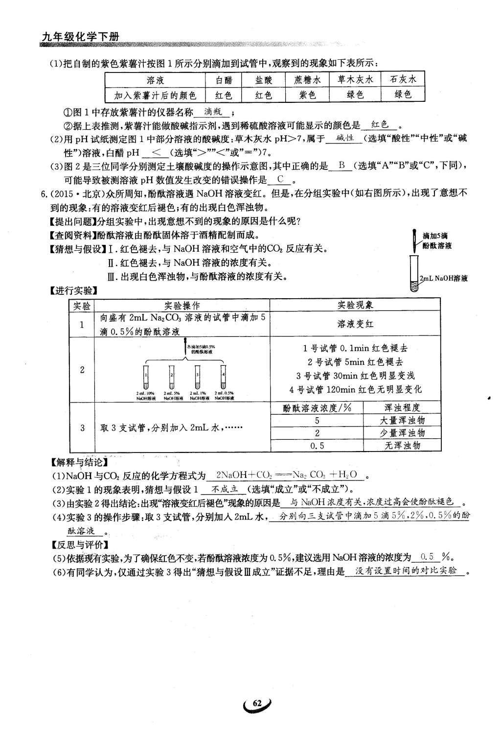 2016年思维新观察九年级化学下册人教版 第十单元  酸和碱第62页