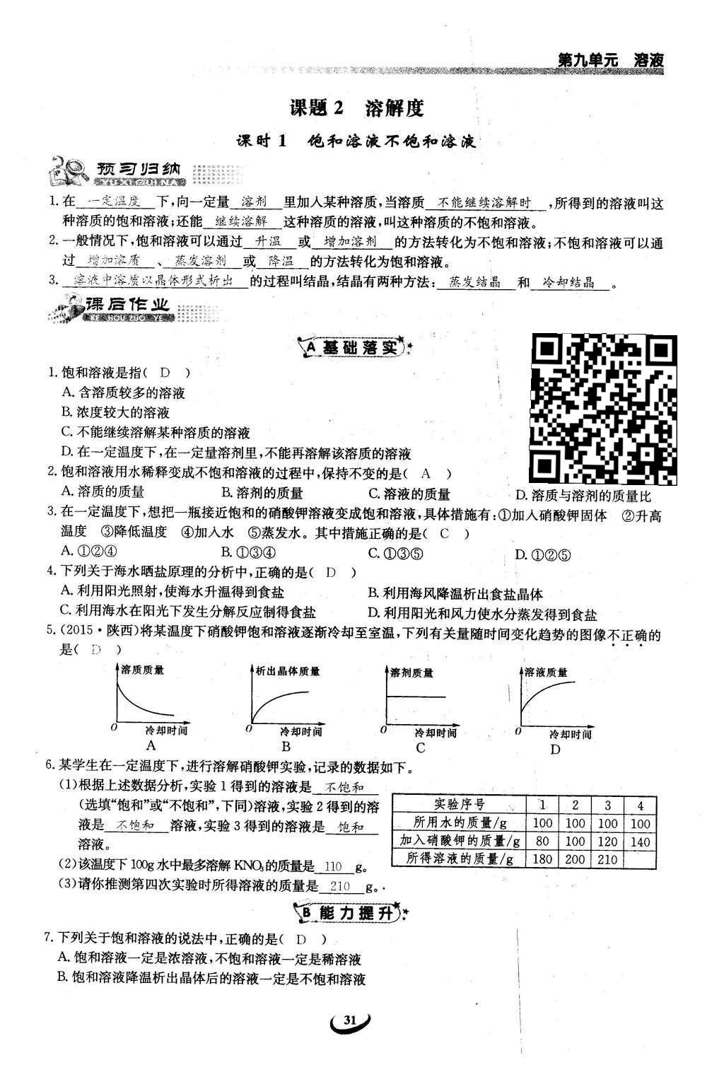 2016年思维新观察九年级化学下册人教版 第九单元  溶液第31页