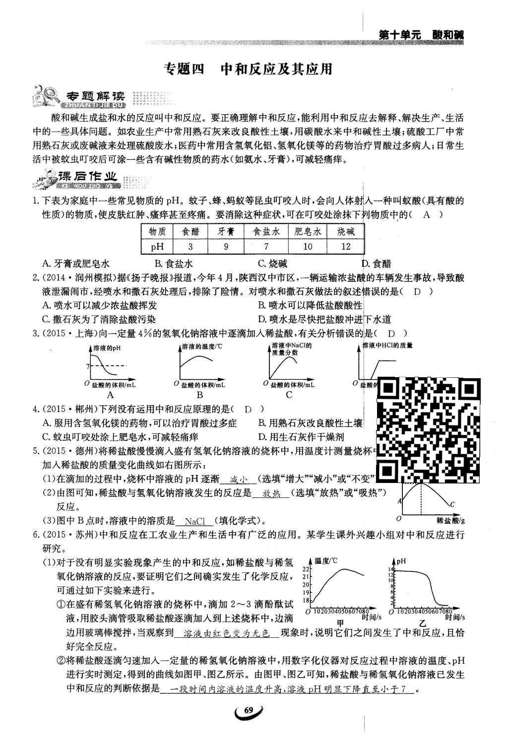 2016年思维新观察九年级化学下册人教版 第十单元  酸和碱第69页