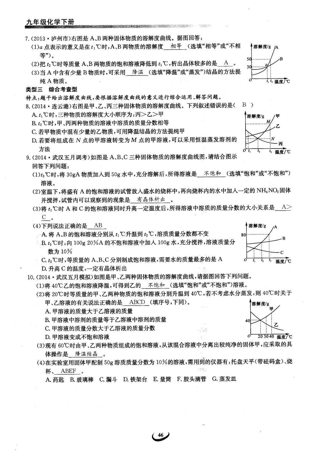 2016年思维新观察九年级化学下册人教版 第九单元  溶液第46页