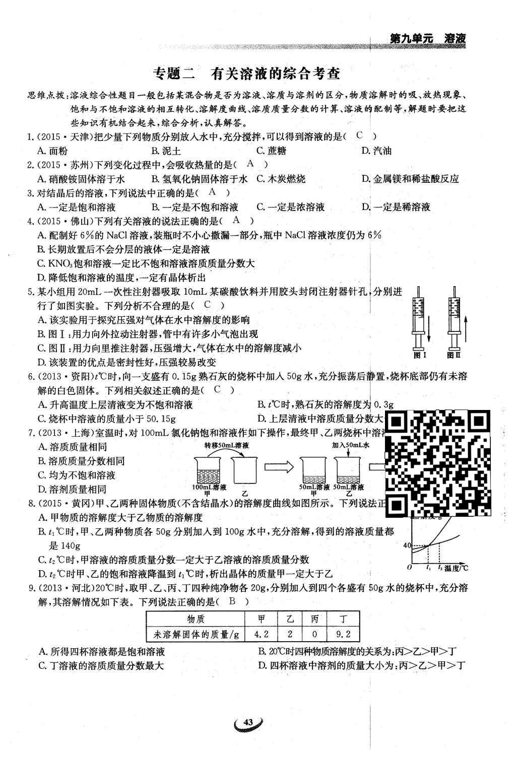 2016年思维新观察九年级化学下册人教版 第九单元  溶液第43页