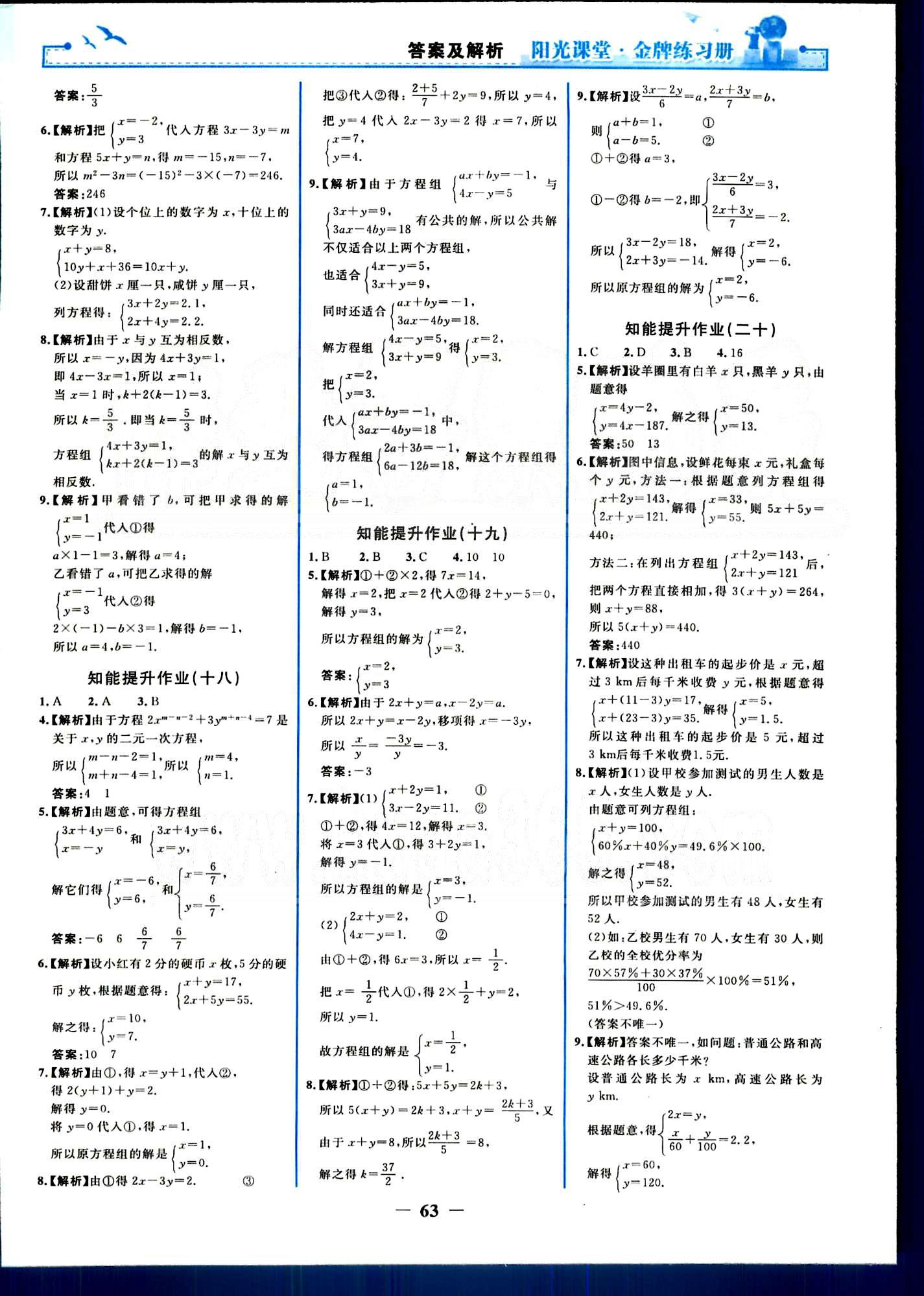 阳光课堂金牌练习册七年级下数学人民教育出版社 知能提升作业 [5]