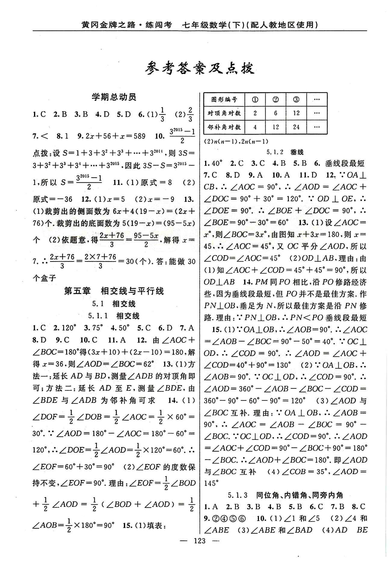 2015 黃岡金牌之路 練闖考七年級下數(shù)學(xué)新疆新少年出版社 第五章　相交線與平行線 [1]