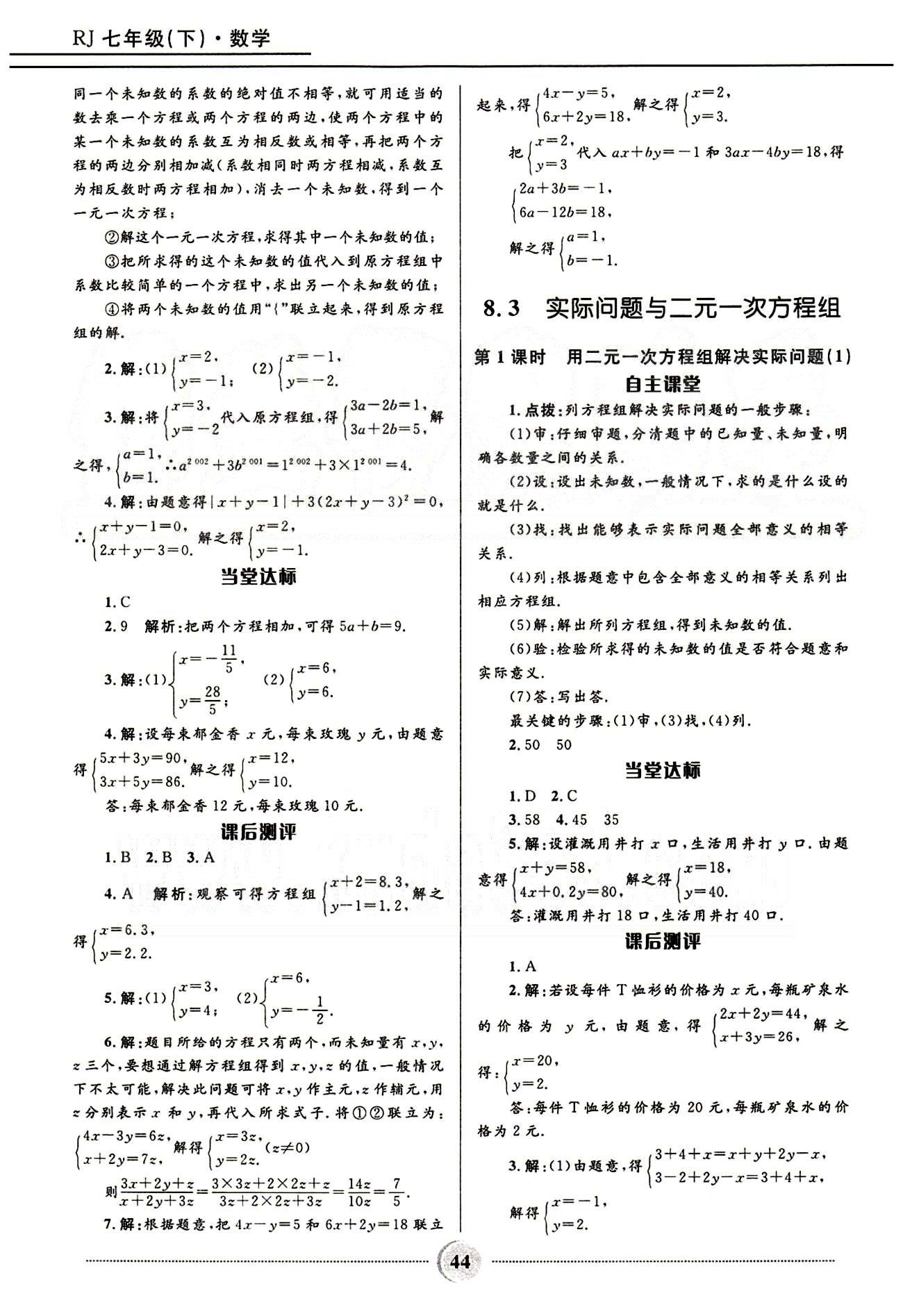 奪冠百分百 初中精講精練七年級(jí)下數(shù)學(xué)河北少年兒童出版社 第八章　二元一次方程組 [3]