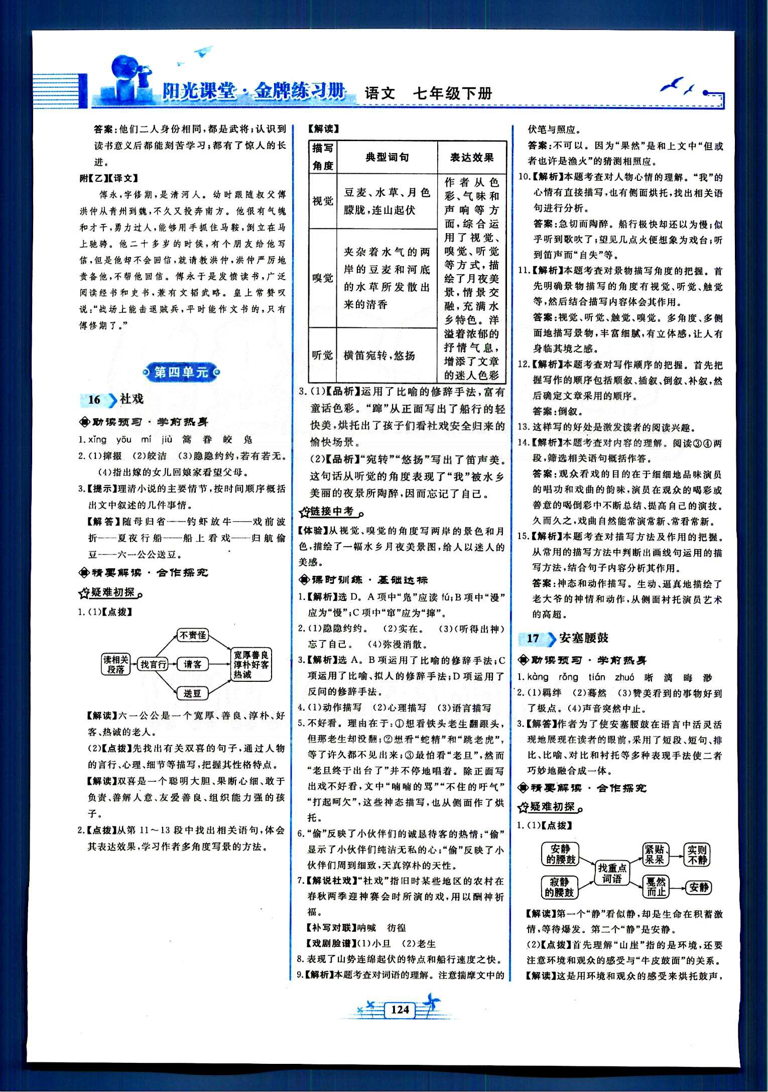 陽光課堂金牌練習(xí)冊(cè)七年級(jí)下語文人民教育出版社 第四單元-第六單元 [1]