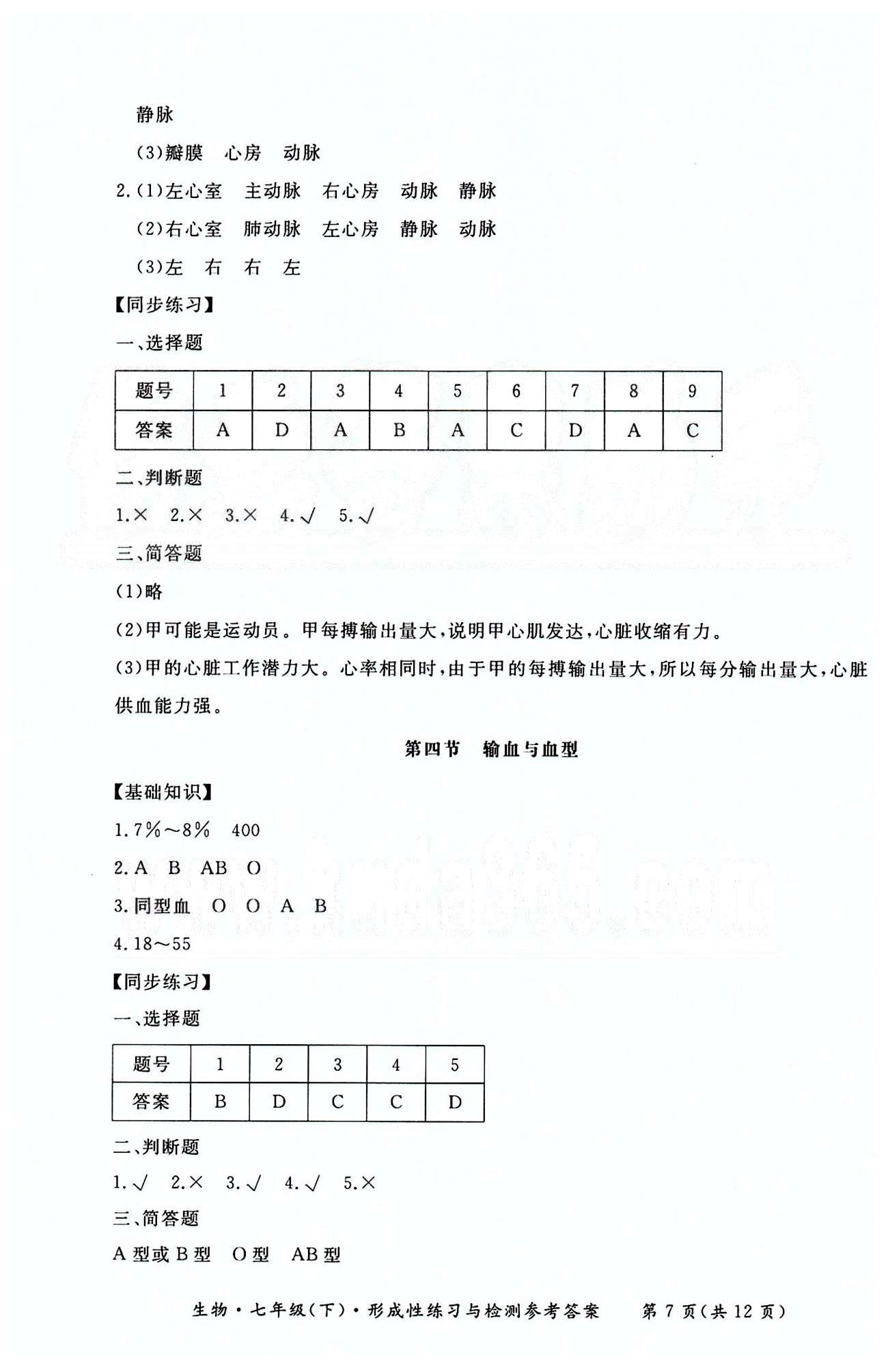 形成性练习与检测七年级下生物东方出版社 第四单元 [7]