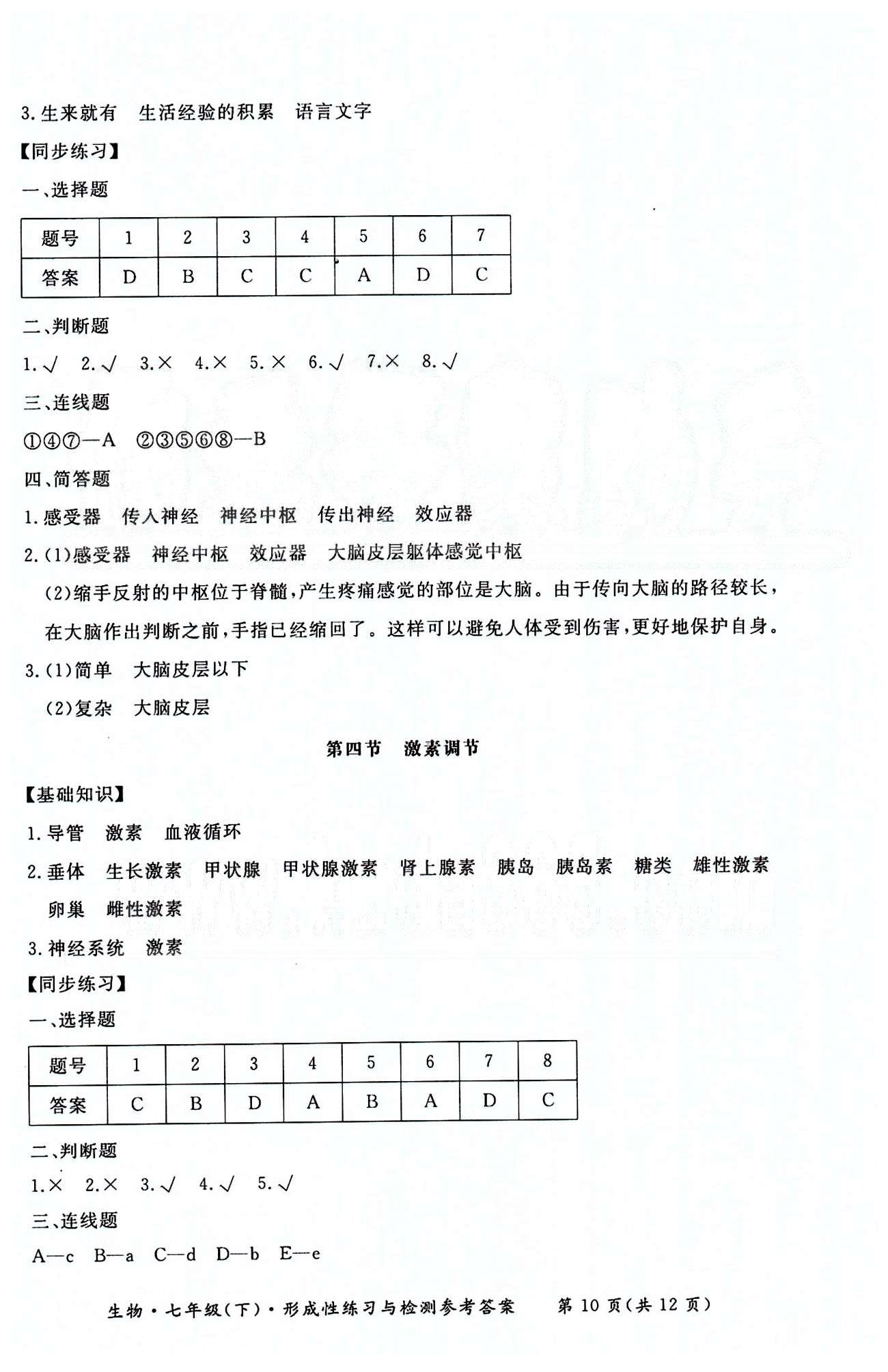 形成性練習(xí)與檢測七年級下生物東方出版社 第四單元 [10]