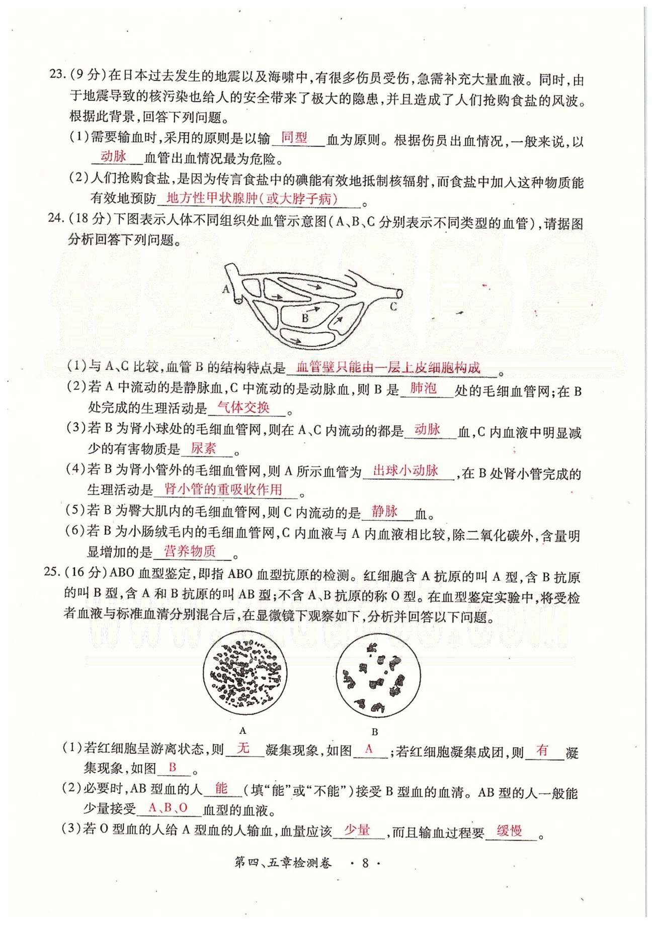 一課一練創(chuàng)新練習七年級下生物江西人民出版社 檢測卷 [8]