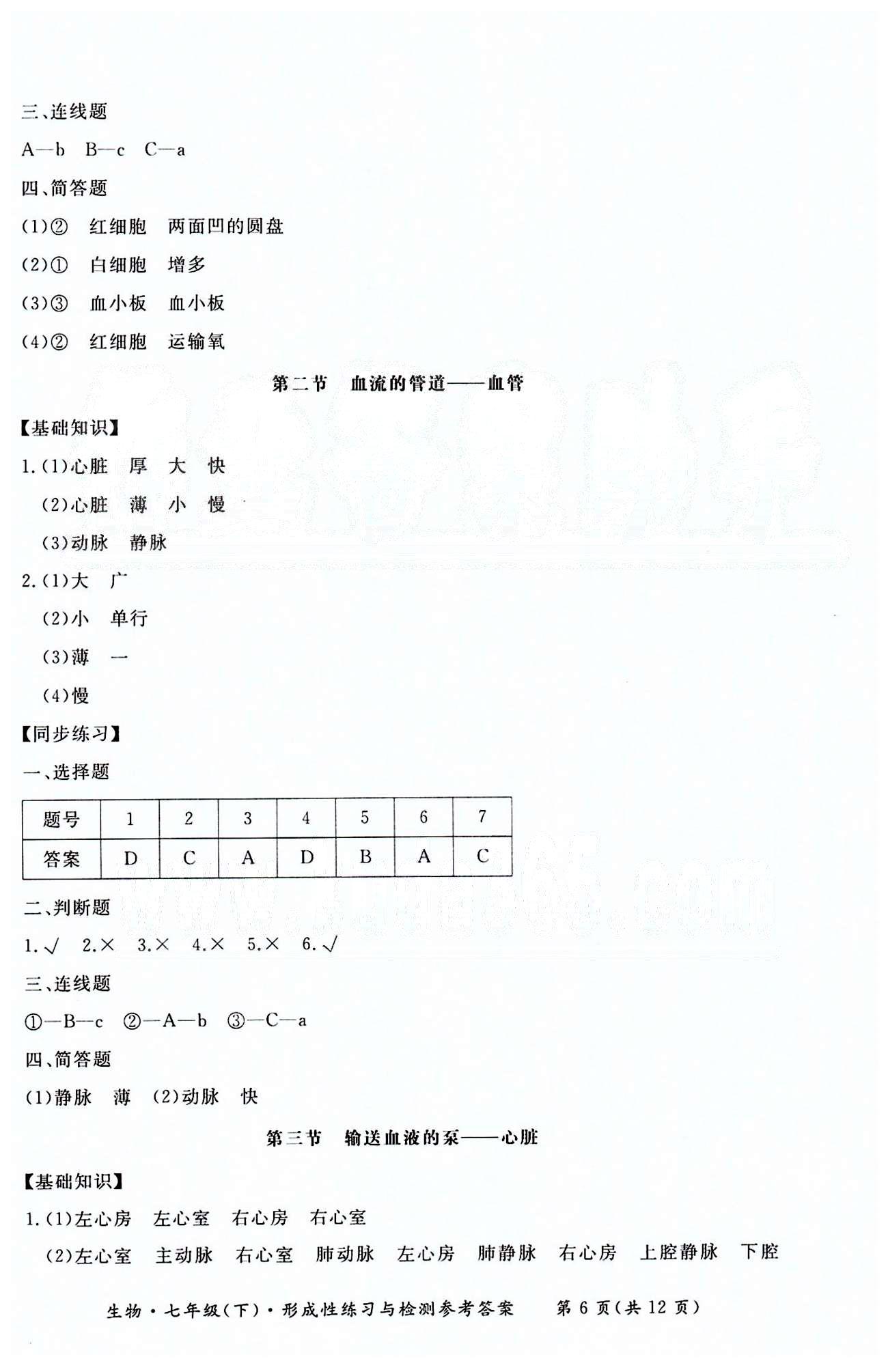 形成性練習(xí)與檢測(cè)七年級(jí)下生物東方出版社 第四單元 [6]