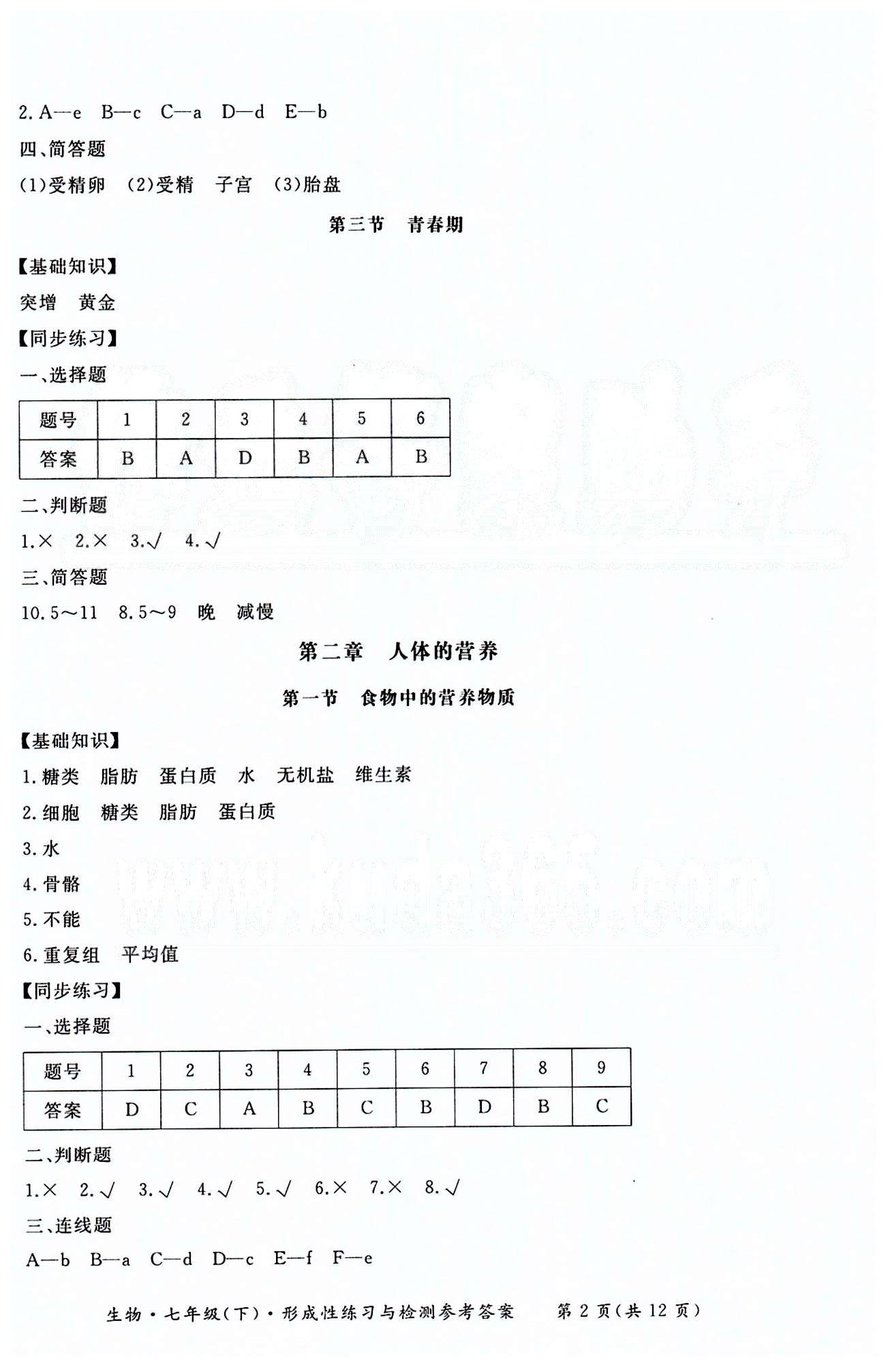 形成性練習(xí)與檢測(cè)七年級(jí)下生物東方出版社 第四單元 [2]