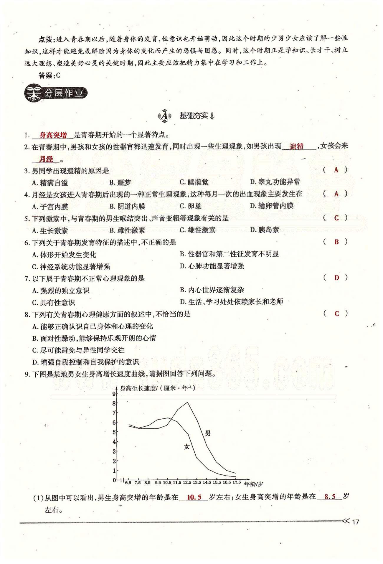 一課一練創(chuàng)新練習(xí)七年級下生物江西人民出版社 第一章 人的由來 [17]