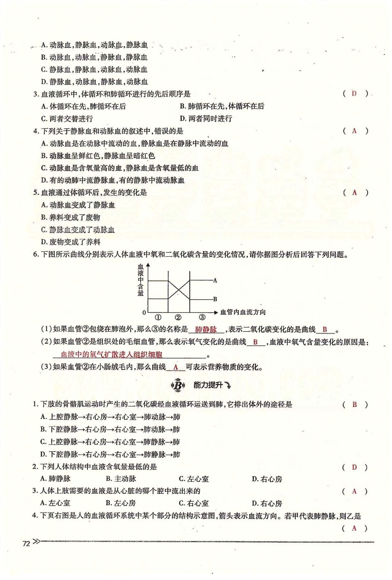 一課一練創(chuàng)新練習(xí)七年級(jí)下生物江西人民出版社 第四章 人體內(nèi)物質(zhì)的運(yùn)輸 第三、四節(jié) [5]