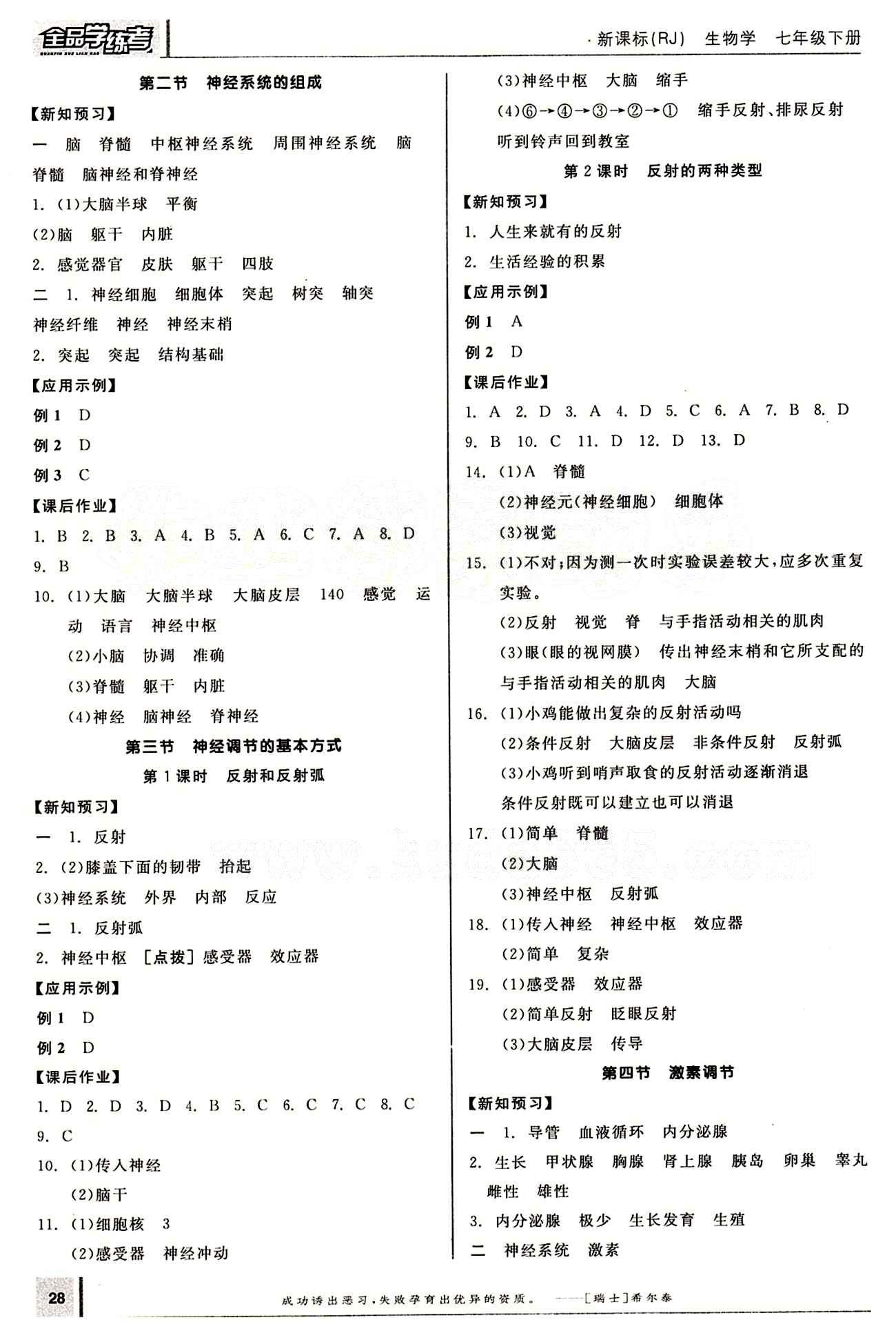 2015年全品学练考七年级生物下册人教版 第六章 人体生命活动的调节 [2]