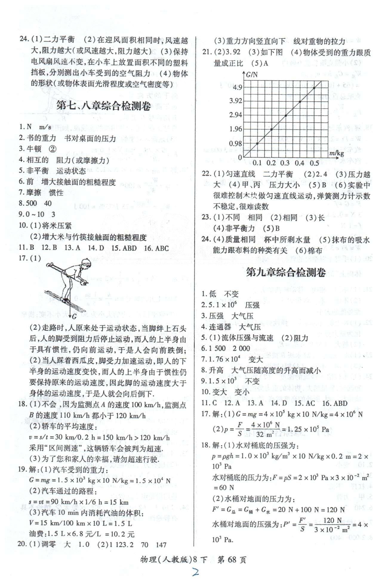 單元檢測創(chuàng)新評價八年級下物理江西人民出版社 7-9檢測卷 [2]