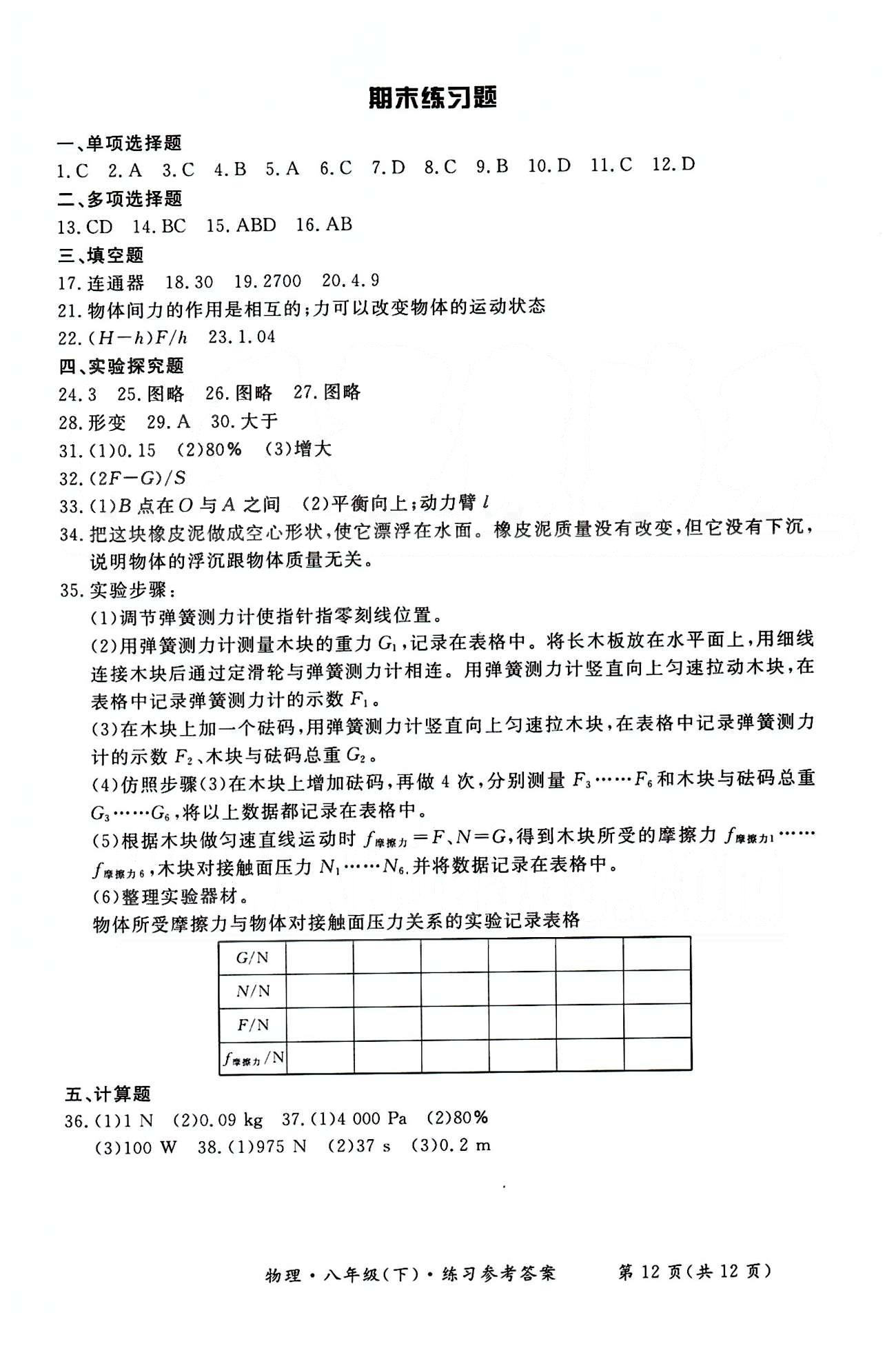 形成性練習(xí)與檢測八年級下物理東方出版社 第七章-第十二章 [12]