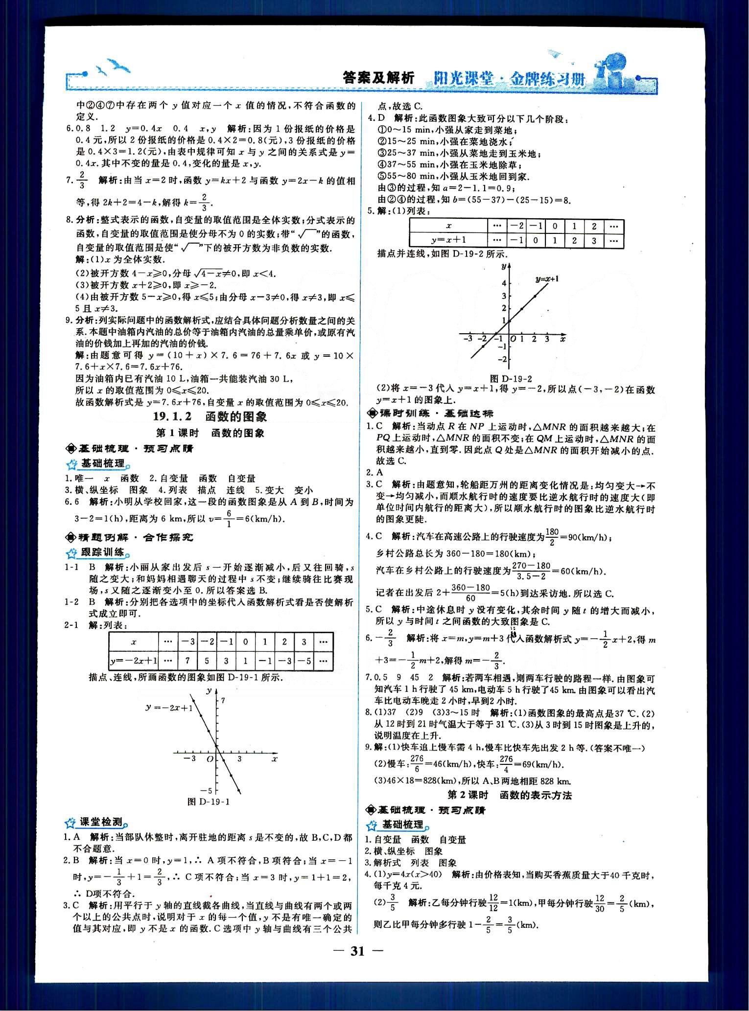 阳光课堂 金牌练习册八年级下数学人民教育出版社 第十九章　一次函数 [2]