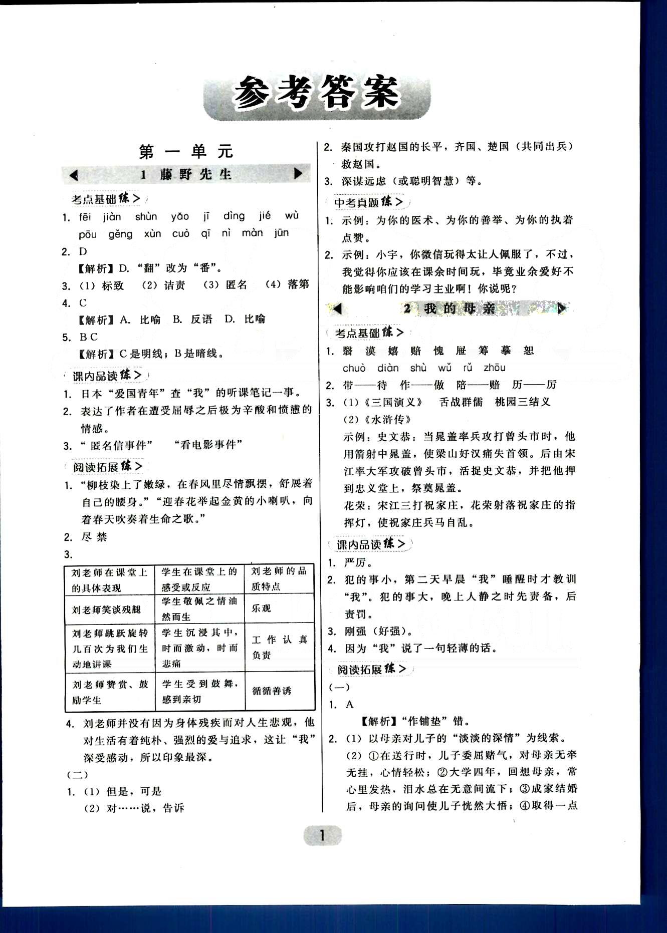 2015年北大綠卡課時同步講練八年級語文下冊人教版 第一單元-第三單元 [1]