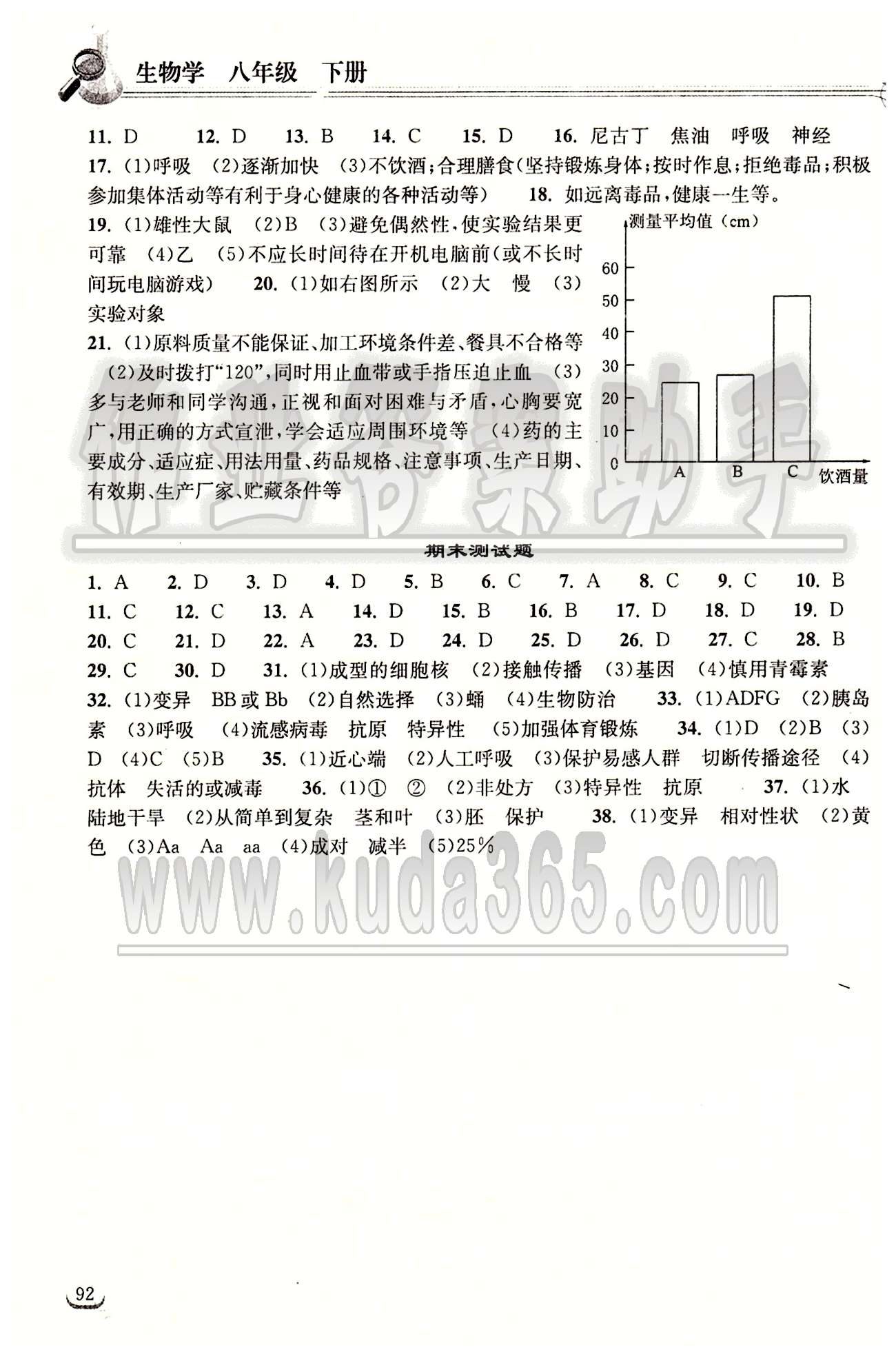 2015长江作业本同步练习册八年级下生物长江出版社 第八单元 健康的生活 [3]