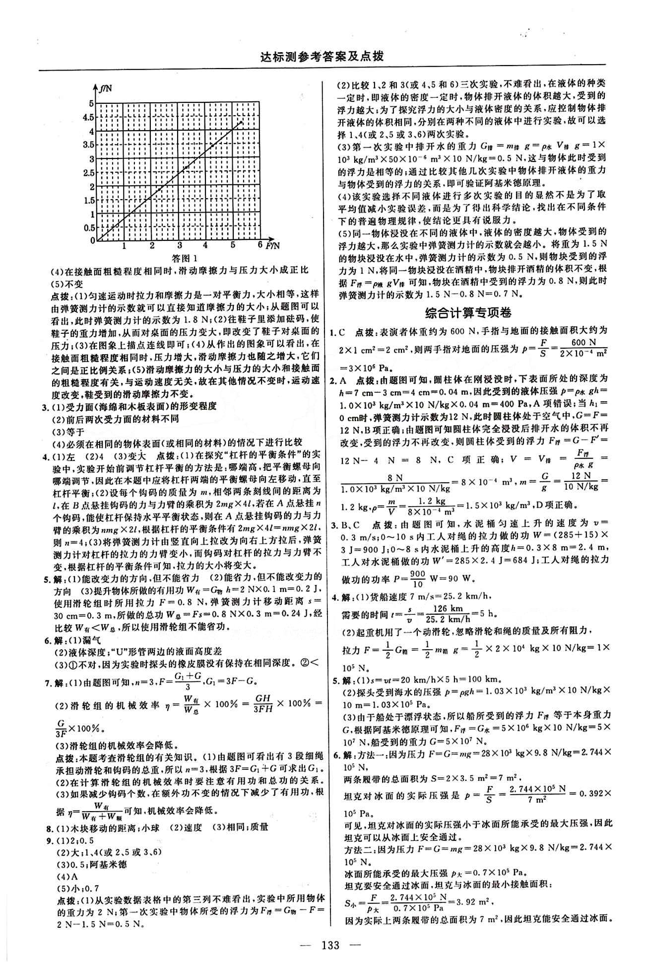 2016年點撥訓(xùn)練八年級物理下冊人教版 達(dá)標(biāo)測答案與點撥 [7]