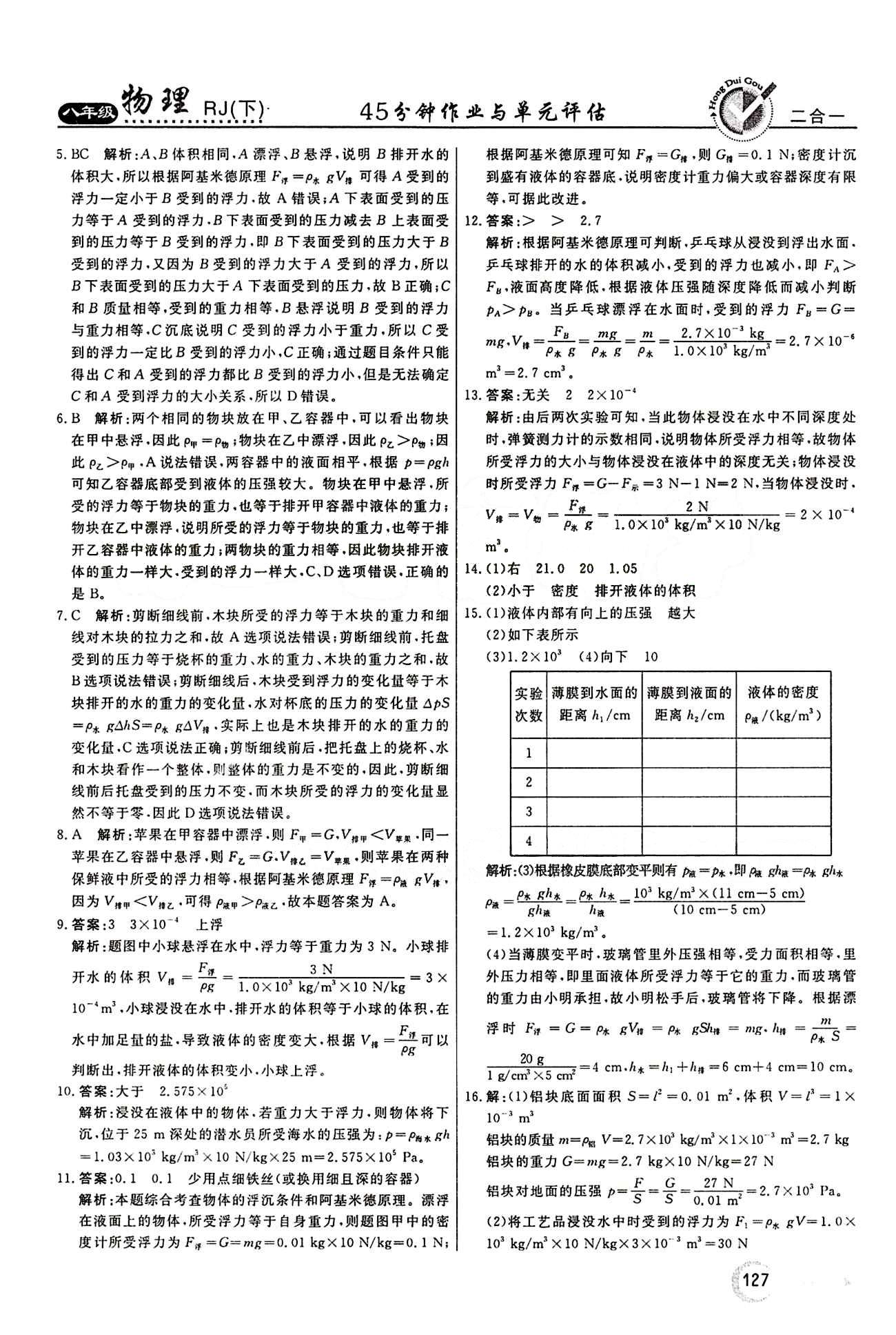 2015 红对勾45分钟 作业与单元评估八年级下物理河南科学技术出版社 第十章　浮力 [7]