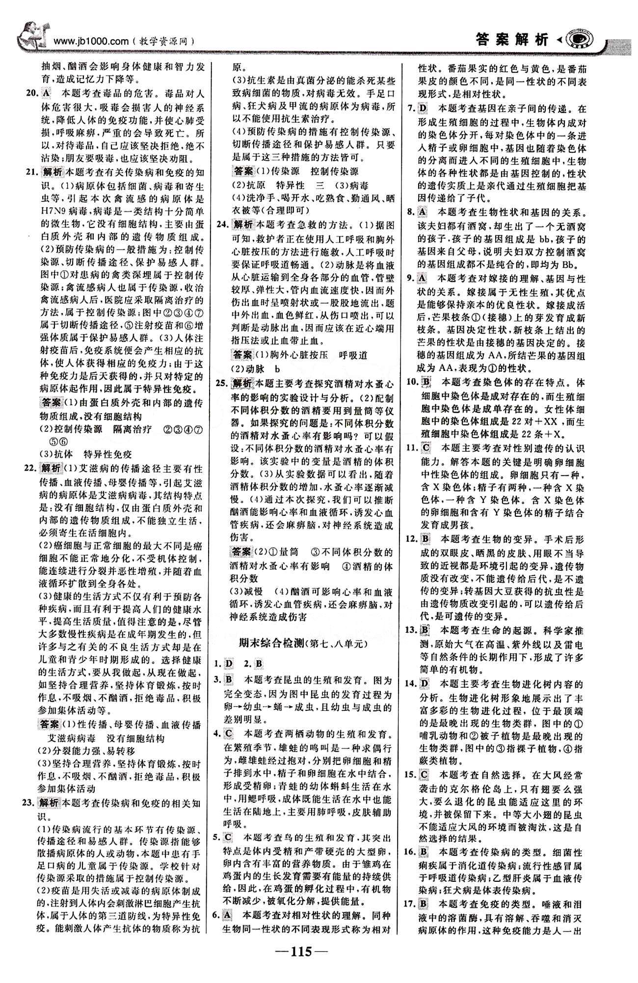 2015最版 世紀金榜 金榜學案八年級下生物浙江科學技術(shù)出版社 階段檢測卷 [7]