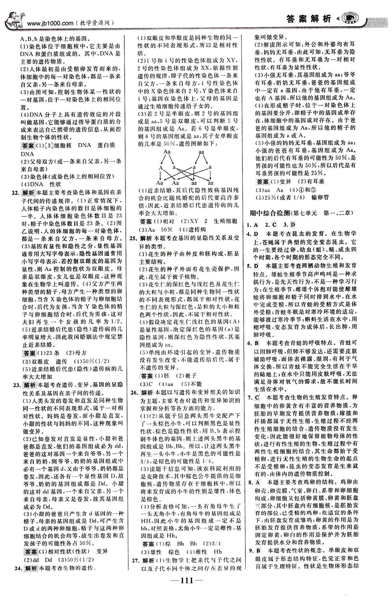 2015最版 世紀金榜 金榜學案八年級下生物浙江科學技術出版社 階段檢測卷 [3]