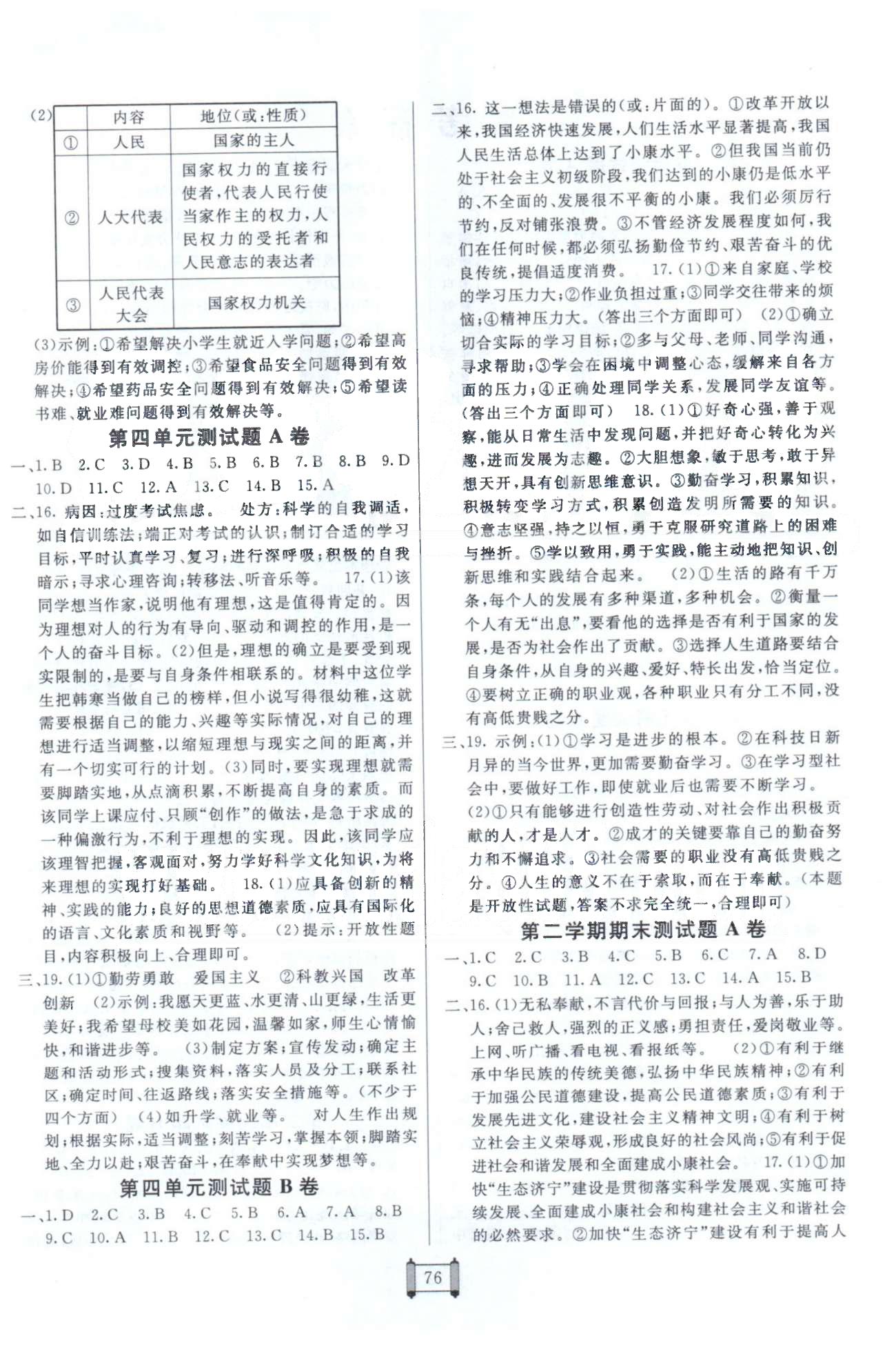 海淀單元測試AB卷九年級全政治新疆青少年出版社 第二學期期末測試A-B [1]