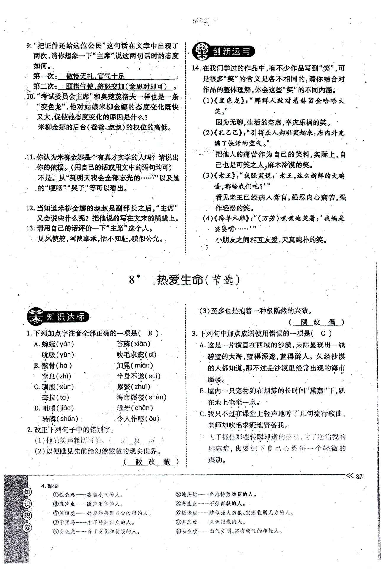 一課一練創(chuàng)新練習九年級全語文江西人民出版社 下冊 第二單元 [9]