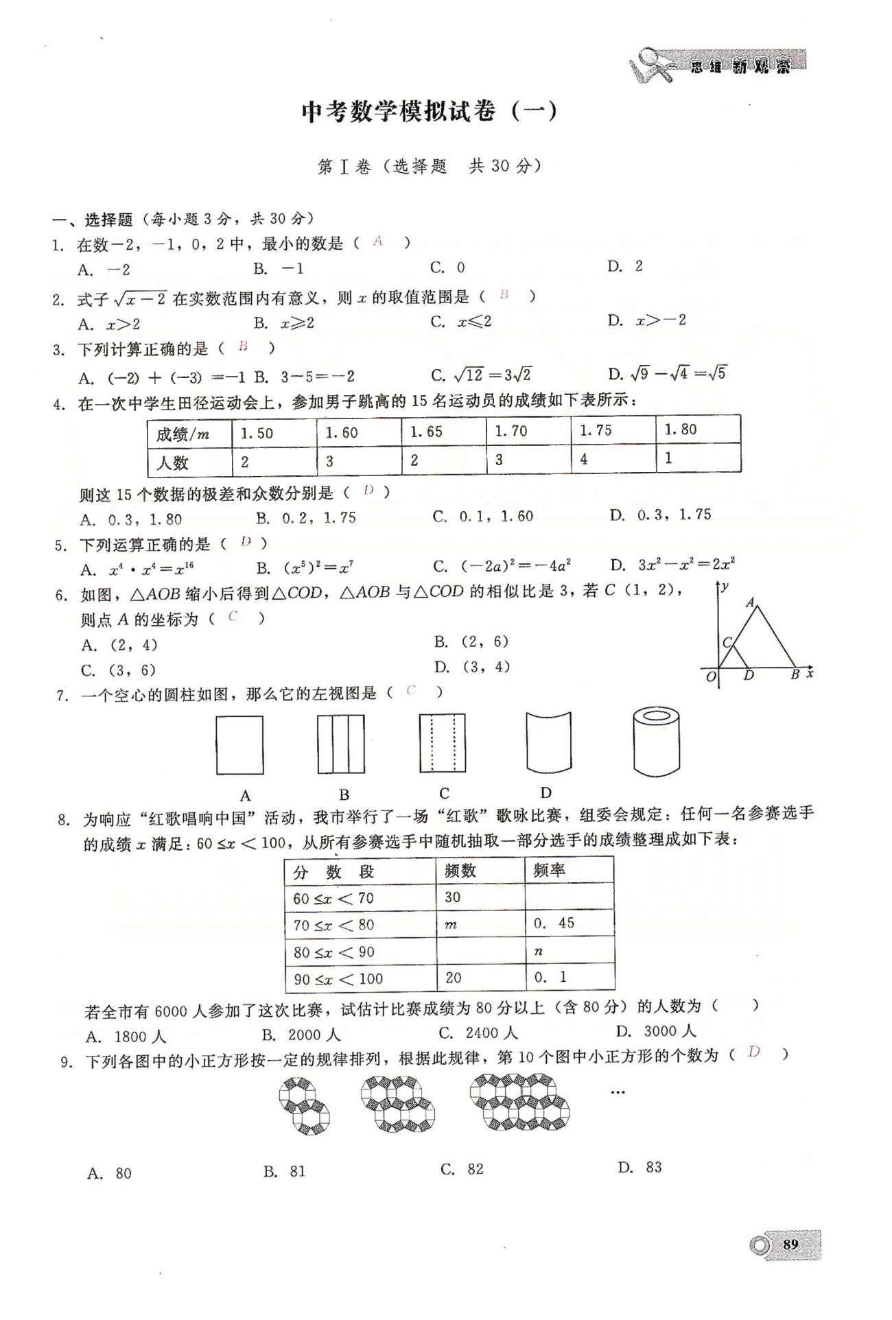 2015思維新觀察課時精練九年級下數(shù)學(xué)長江少年兒童出版社 中考數(shù)學(xué)模擬試卷一、二 [1]