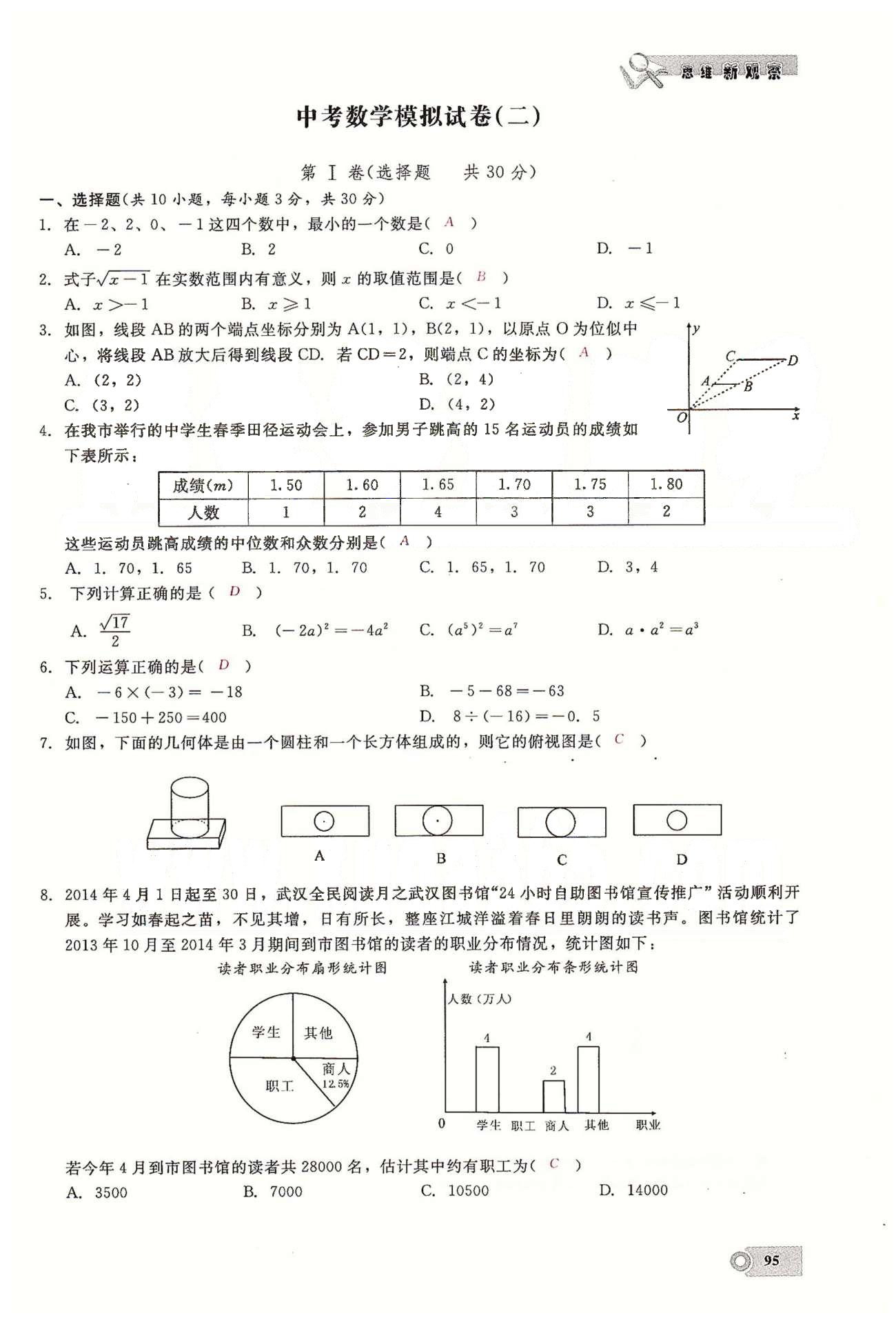 2015思維新觀察課時(shí)精練九年級下數(shù)學(xué)長江少年兒童出版社 中考數(shù)學(xué)模擬試卷一、二 [7]