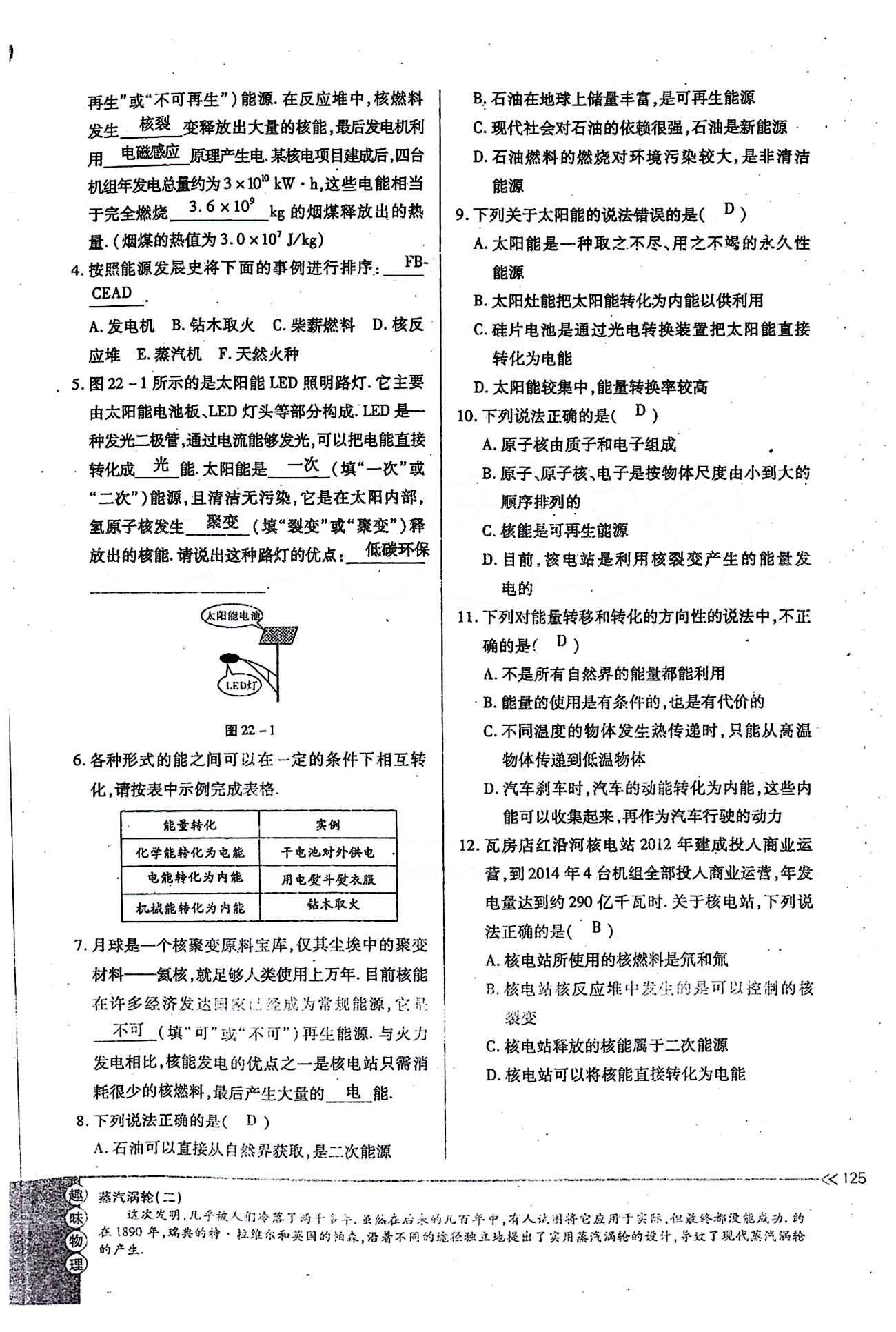 一課一練創(chuàng)新練習(xí)九年級全物理江西人民出版社 第二十二章　能源與可持續(xù)發(fā)展 [9]