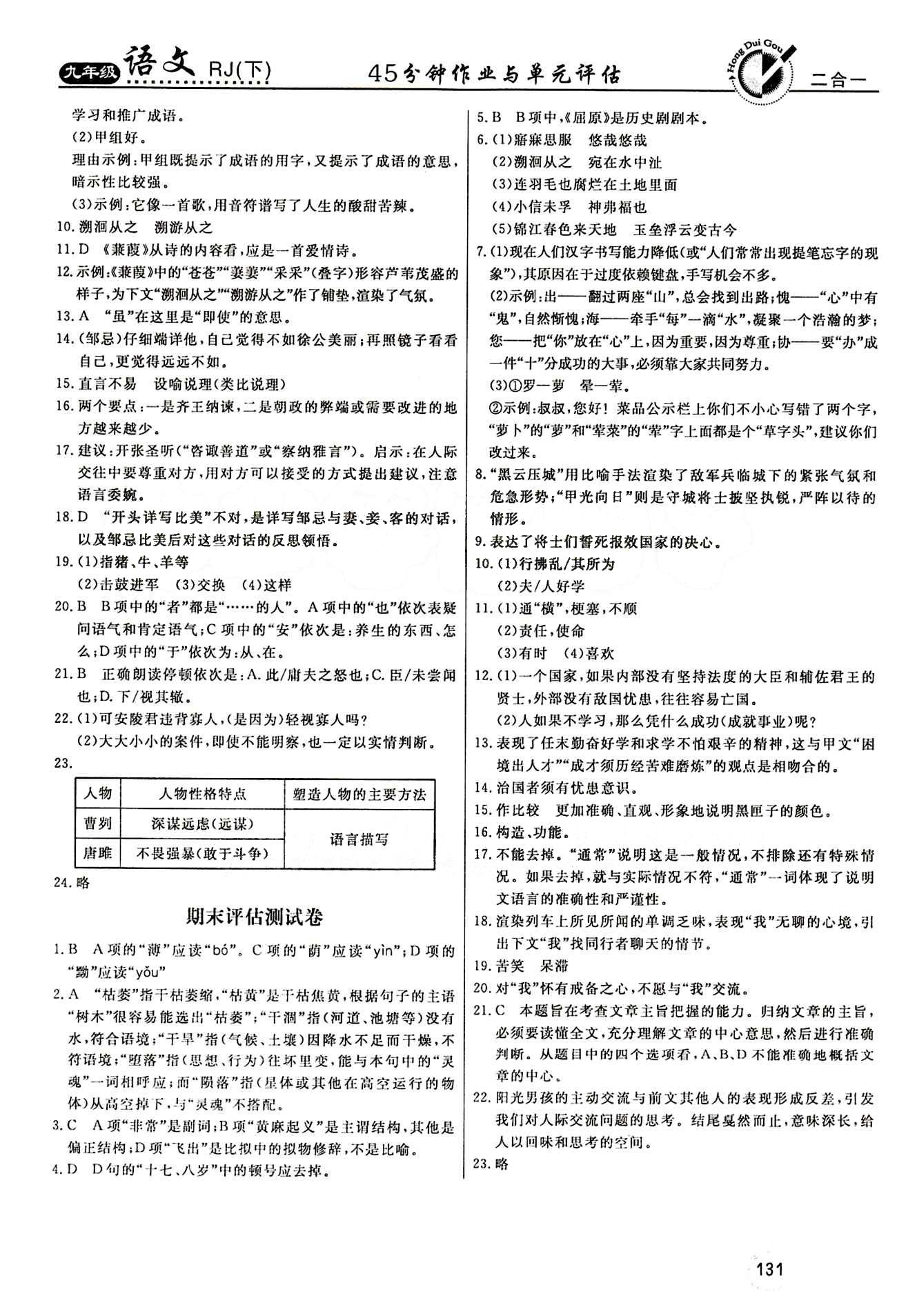 红对勾 45分钟作业与单元评估九年级下语文河北科学技术出版社 评估测试卷 [6]