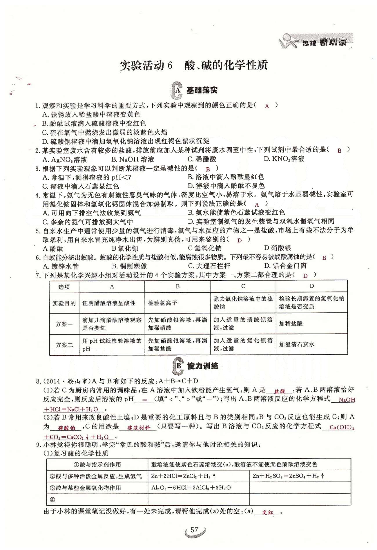 2015思维新观察课时精练九年级下化学长江少年儿童出版社 第十单元　酸和碱 [13]