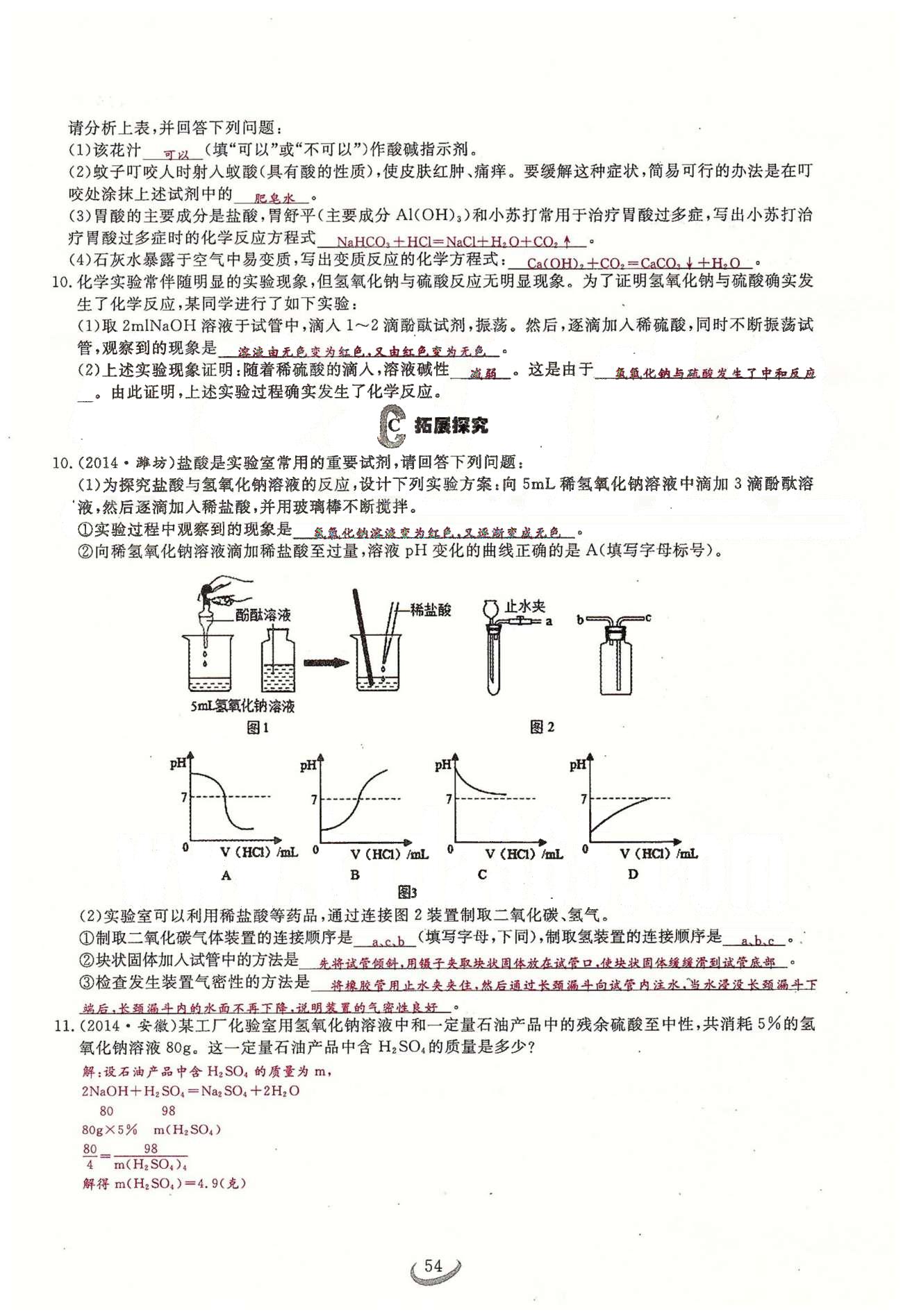 2015思维新观察课时精练九年级下化学长江少年儿童出版社 第十单元　酸和碱 [10]