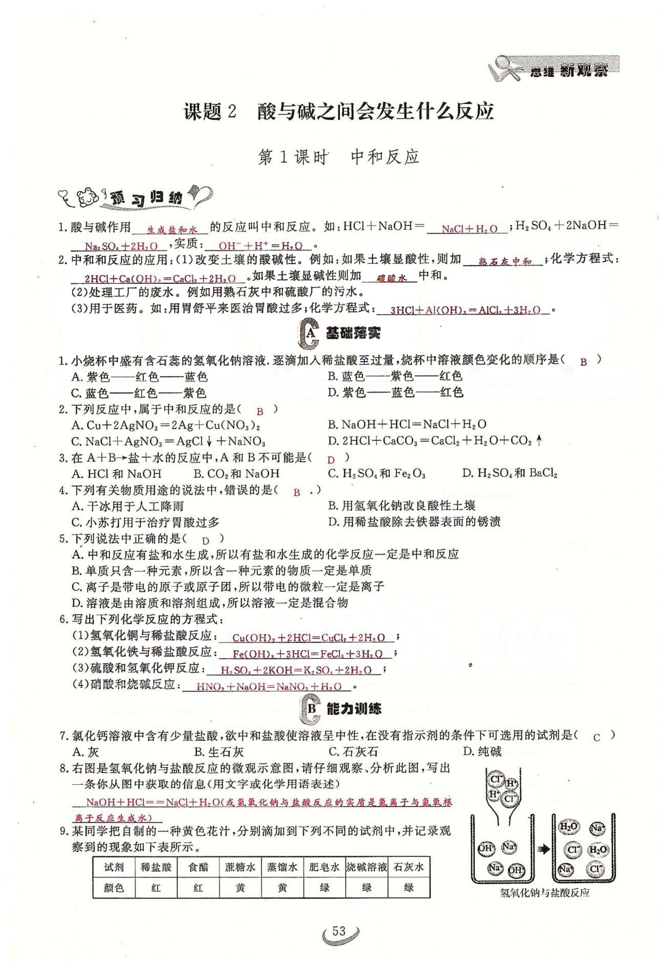 2015思维新观察课时精练九年级下化学长江少年儿童出版社 第十单元　酸和碱 [9]