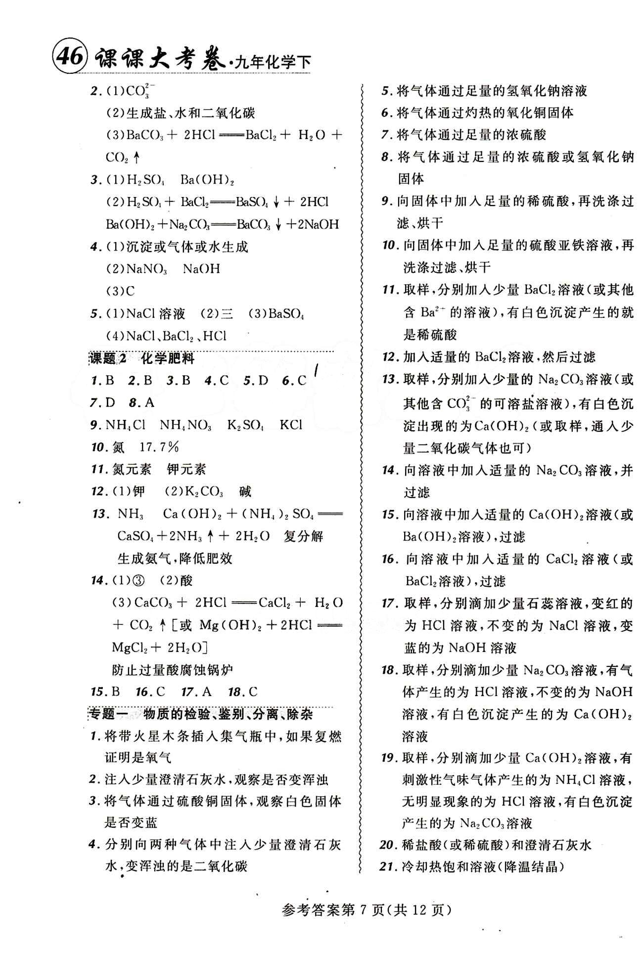 2015年 北大绿卡课课大考卷九年级下化学东北师范大学 第十一单元　盐　化肥 [2]